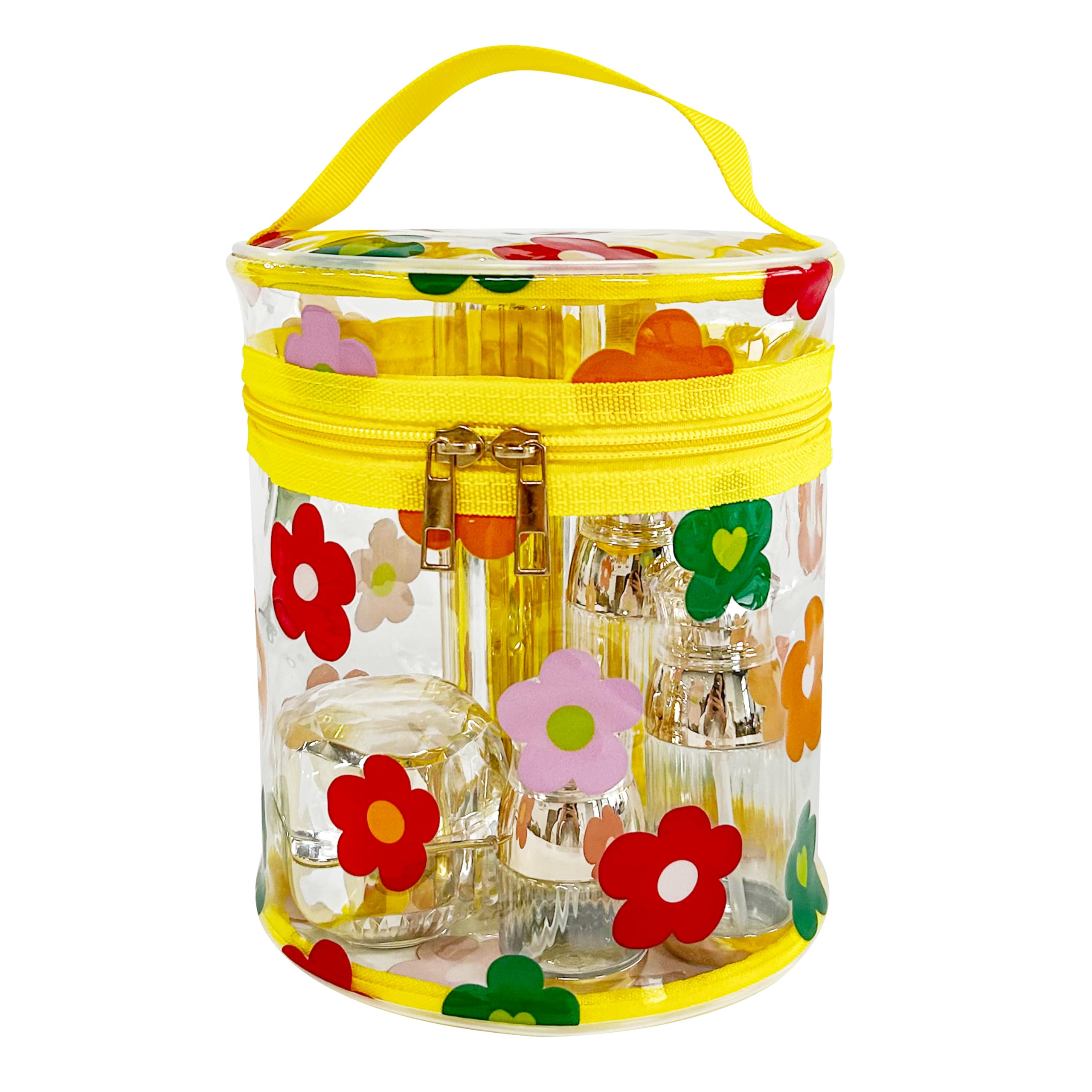 Printed Floral Clear Cylinder Travel Makeup Bag | Waterproof Cosmetic Pouch with Handle for Women & Girls | Perfect for Gym, Beach & Airplane Carry-On (D2064-3)