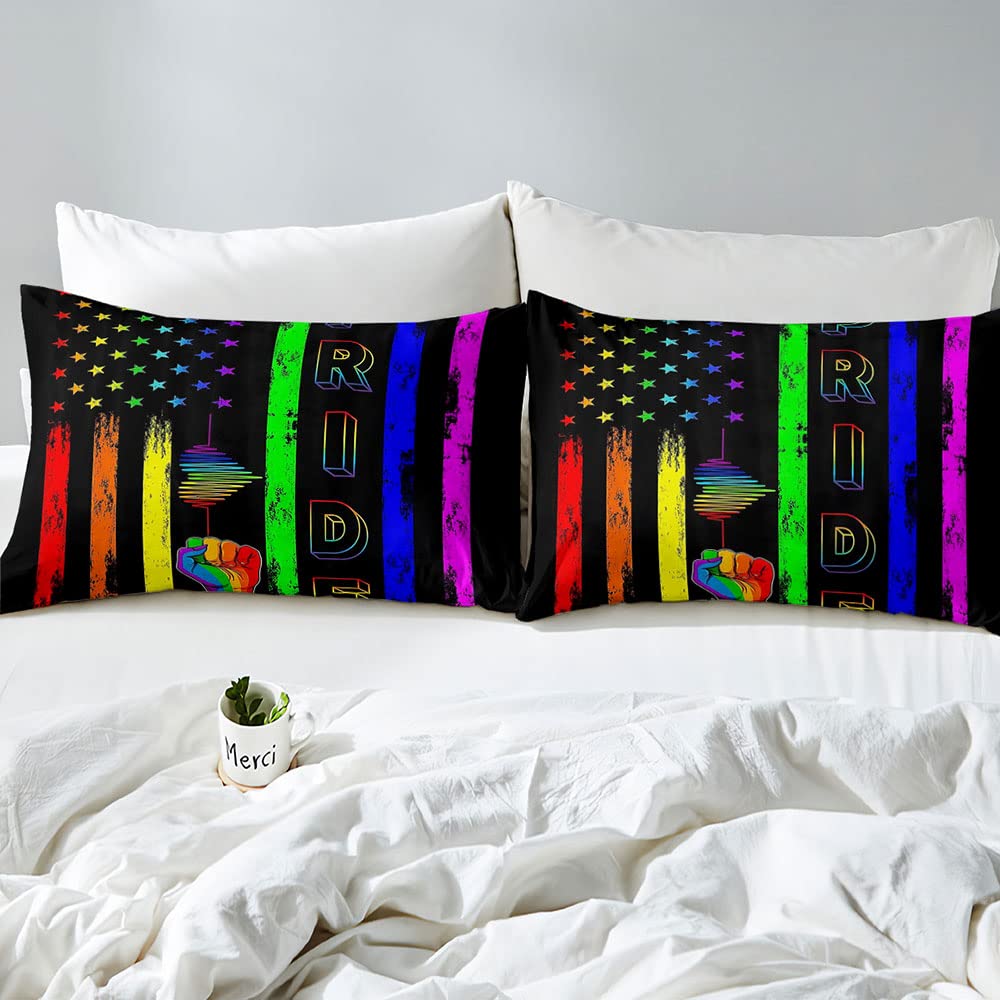 VIVIHOME 2-Piece Rainbow American Flag Duvet Cover Set - Twin Size LGBTQ Pride Bedding with 1 Pillowcase - Black Lesbian Gay Pride Comforter Cover for Bedroom Decor - Perfect for Pride Parades, LGBTQ Events & Inspirational Gifts