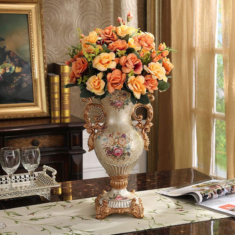 European-Style Retro Resin Large Flower Vase - Hand-Painted Tall Decorative Vase for Home Decor (16×40×22cm, Beige) | Perfect for Living Room, Dining Table Centerpiece, Bedroom, Kitchen, Office & Hotel Decorations