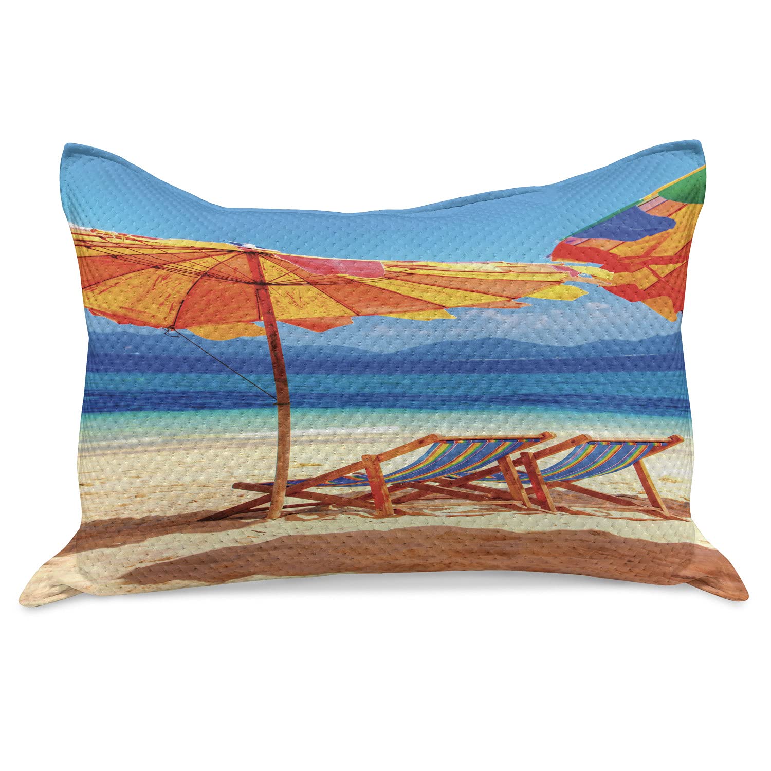 Ambesonne Seaside Knitted Quilt Pillow Cover - Tropical Thailand Beach Scenery with Deck Chairs, Standard King Size 36