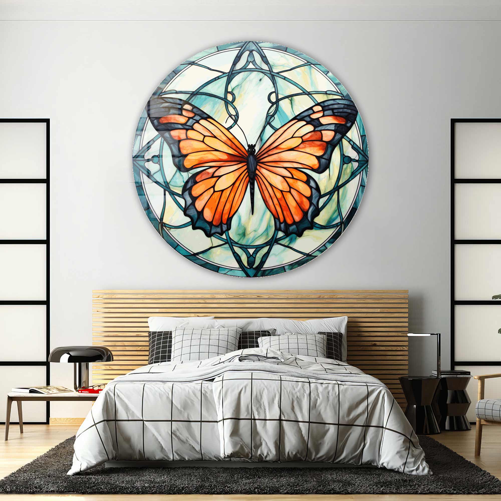 Stained Butterfly III Round Glass Wall Art - Elegant Home Decor for Living Room, Bedroom & Office
