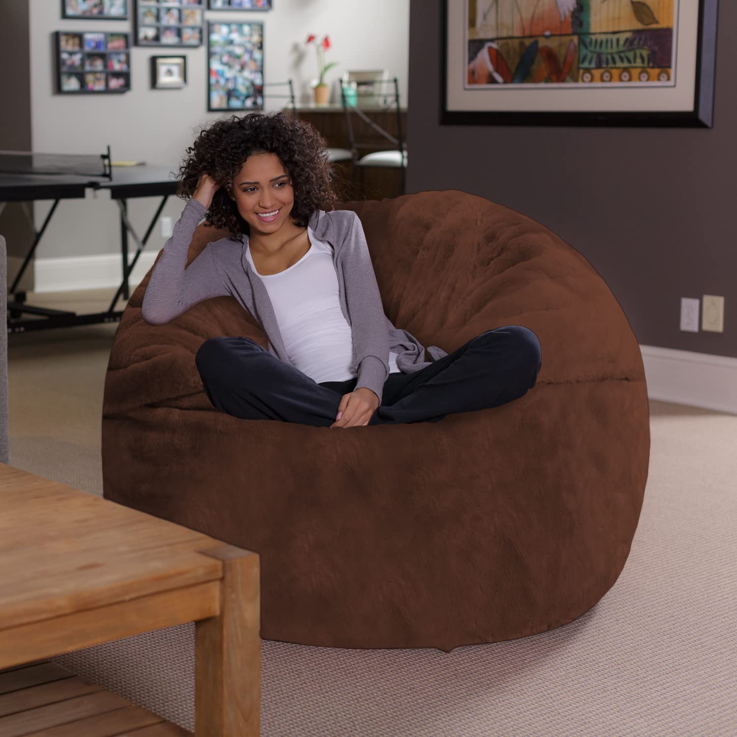 Ultra Soft Sofa Sack Bean Bag Chair with Memory Foam & Faux Rabbit Fur Cover - 5ft Plush Foam Filled Lounge Chair for Dorm Room, Living Room & Bedroom - Brown Comfort Furniture for Relaxing, Gaming & Movie Nights