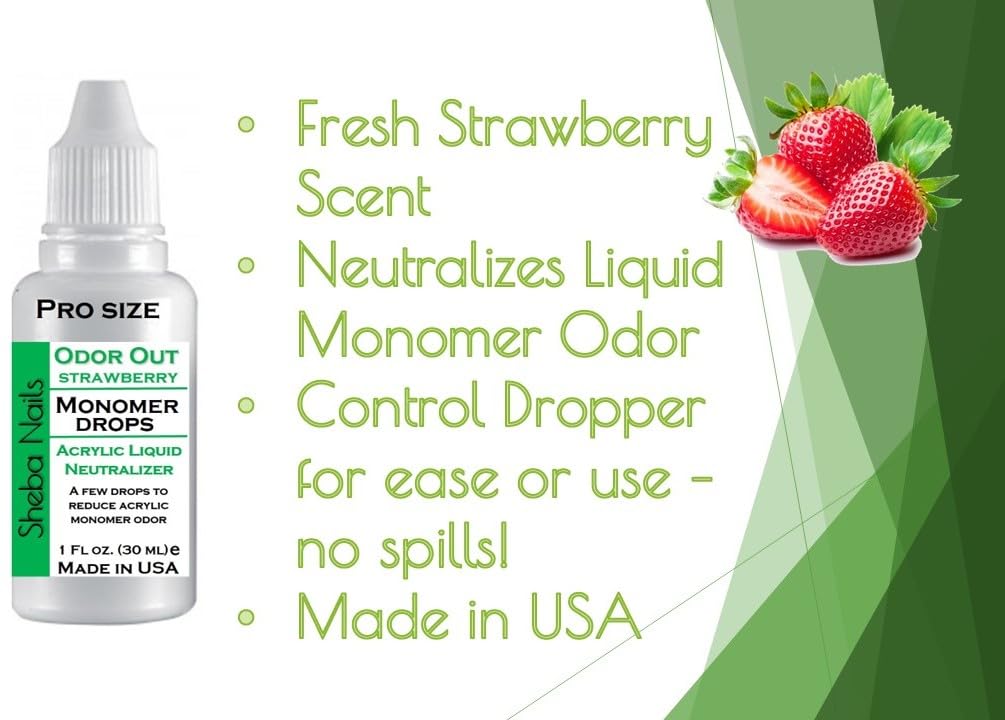 SHEBA NAILS Odor Out Monomer Drops - Acrylic Liquid Neutralizer for Nail Extensions (1oz, Strawberry Scent) | Reduce Monomer Smell for DIY Manicure | Perfect for Home & Salon Nail Art
