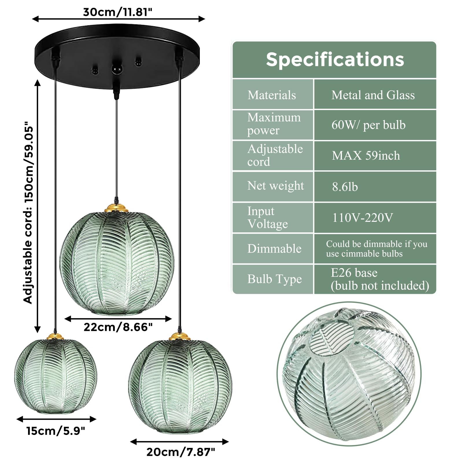 GXF 3 in 1 Green Glass Pendant Light Fixtures - E26 E27 Large Glass Chandelier with Ribbed Blown Glass Globe Shade - Mid Century Modern Hanging Ceiling Light for Living Room, Restaurant, Bar & Cafe Lighting Decor