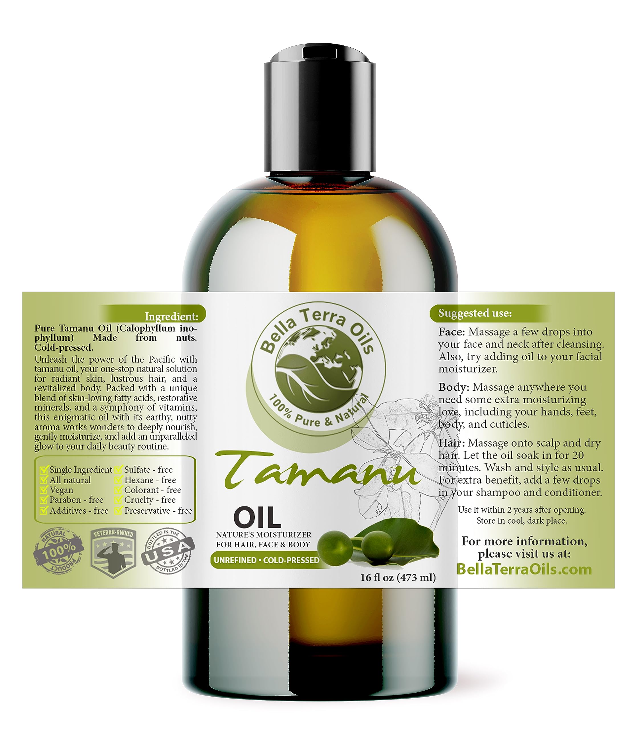Organic Tamanu Oil 16oz by Bella Terra - 100% Pure Cold-Pressed for Radiant Skin & Hair - Rich in Nutrients & Vitamins - Perfect for Skincare, Hair Care & Natural Remedies