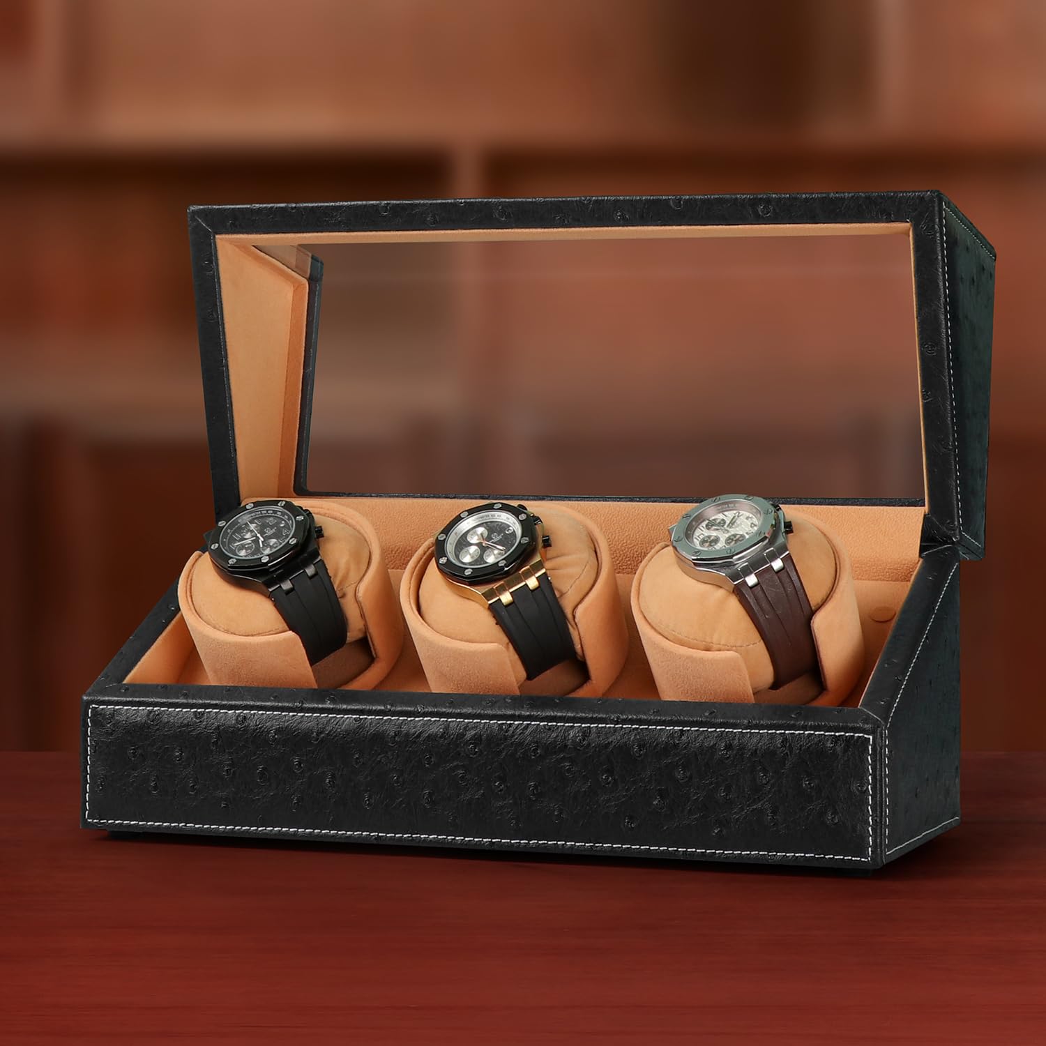 Premium Automatic Watch Winder for Rolex & Luxury Watches - Silent Motor, Black Ostrich Leather Case with Velvet Pillows | Perfect for Watch Collection Display, Travel & Safe Storage