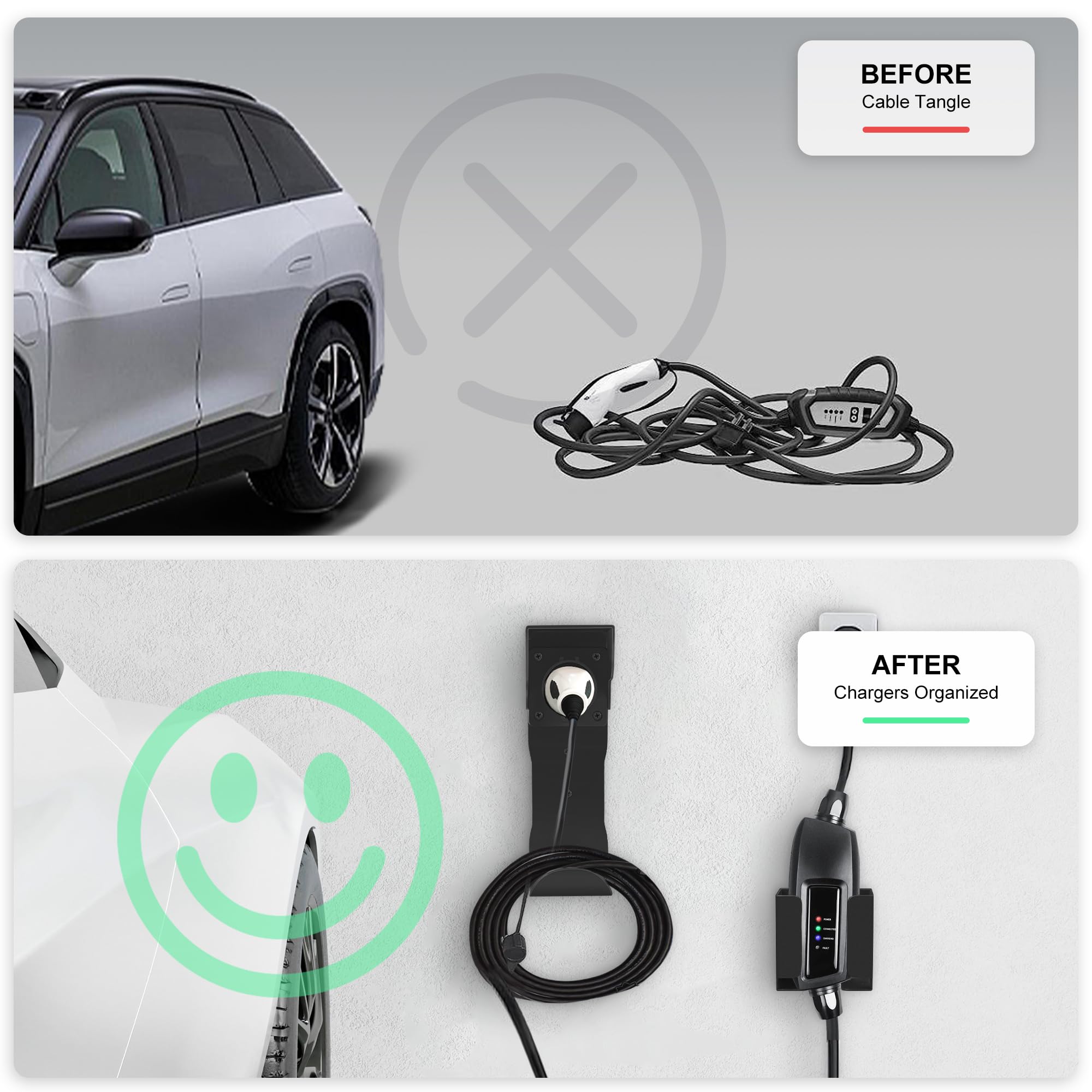 VarCozy EV Charger Holder Set - Wall Mount SAE J1772 Charging Box & Nozzle Holster Dock with J-Hook - Organizer for Electric Car Charging Cable - Perfect for Home Garage & Outdoor Parking Use
