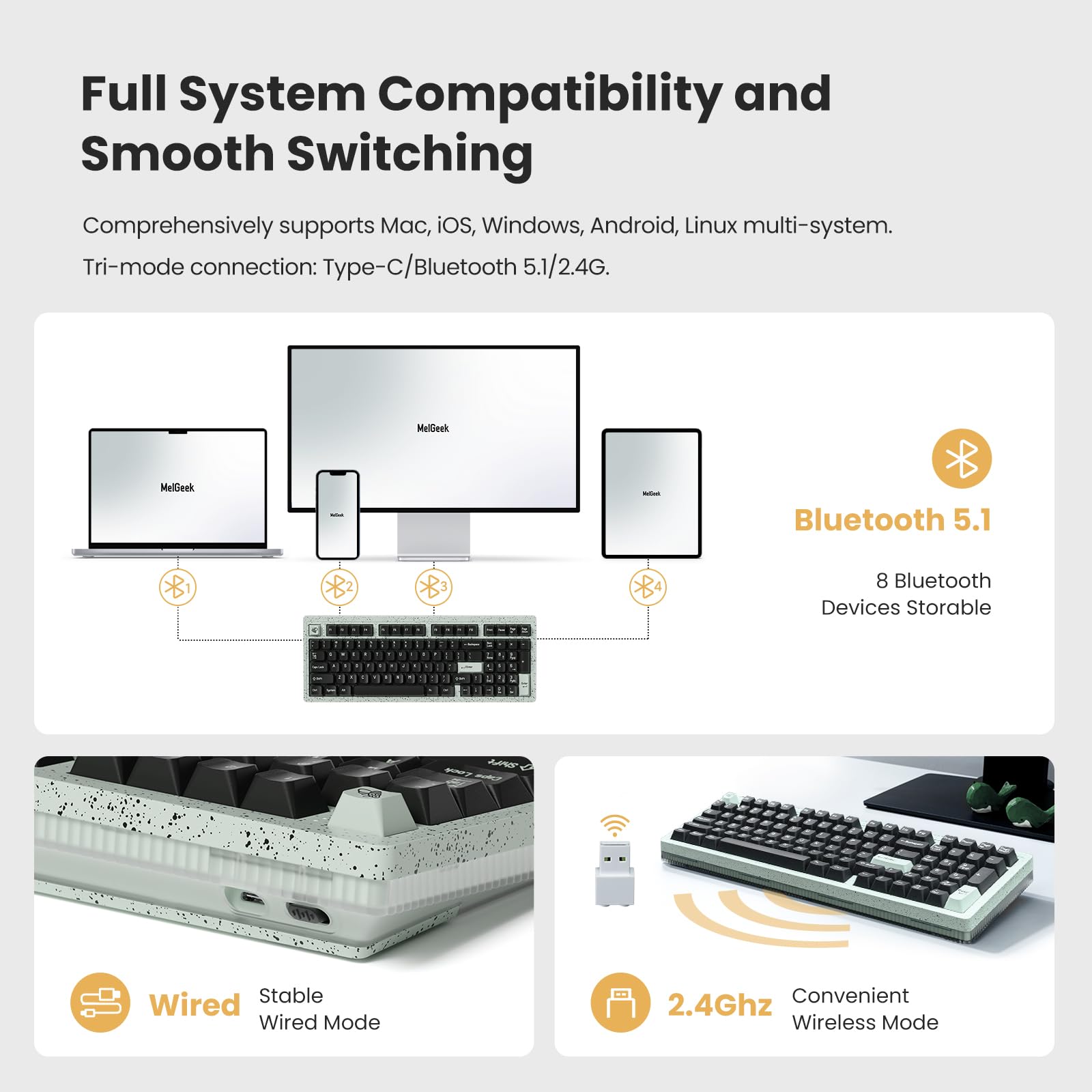 MelGeek Modern97 Wireless Mechanical Keyboard - 90% Compact Layout, Hot-Swappable Linear Switches, Bluetooth/2.4GHz/USB-C Connectivity, Customizable RGB Backlit Keys for Mac/Windows/Linux - Perfect for Gaming, Programming & Office Work