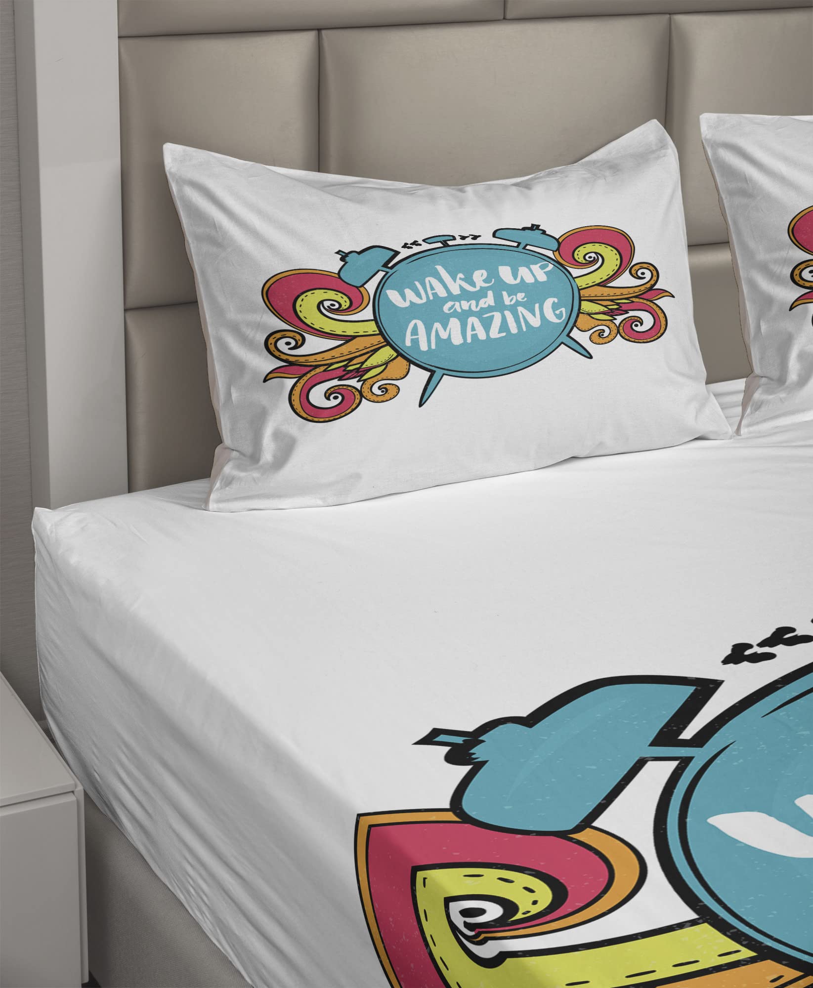 Ambesonne Motivational Bed Sheet Set - Wake Up & Be Positive 4-Piece King Size, Sky Blue & Dark Coral - Includes Fitted Sheet, Flat Sheet & Pillowcases - Perfect for Uplifting Morning Routine & Inspirational Bedroom Decor