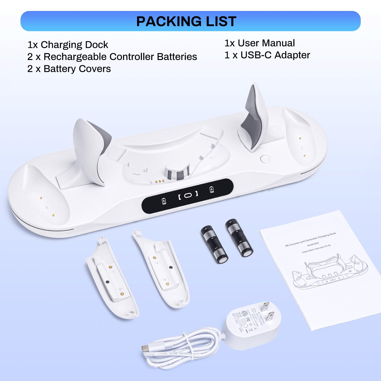 Meta Quest 3 Charging Dock - Auto-Clamping VR Stand with Magnetic Fast Charging for Quest 3 Headset & Controllers | Includes 2 Rechargeable Batteries & LED Indicator | Perfect for Gaming, VR Entertainment & Multi-Device Charging