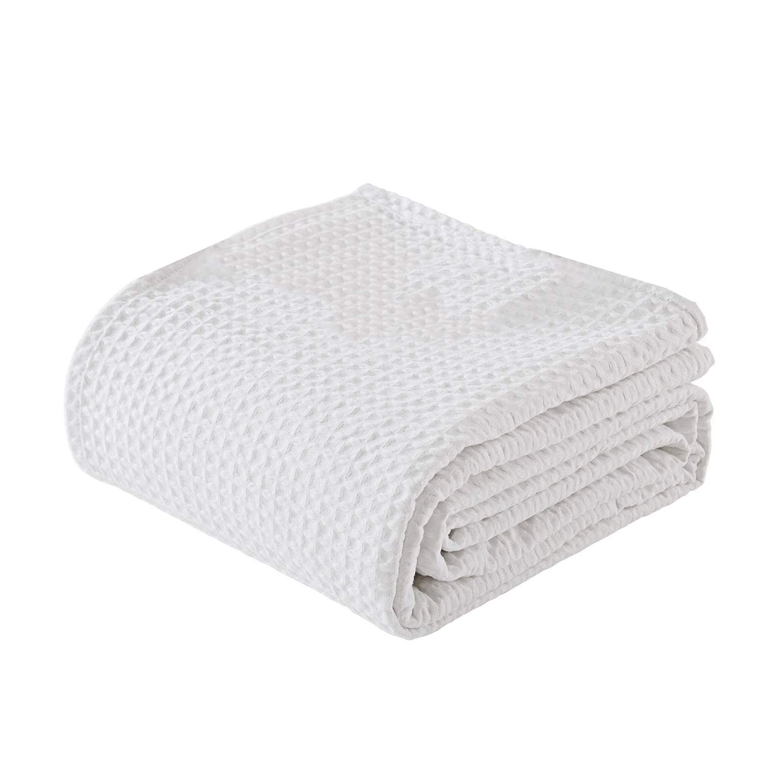 100% Cotton Waffle Weave Blanket Queen Size - All Season Soft Lightweight Breathable Bed Blanket - Hotel Quality Woven Blanket for Home, Dorm, or Travel - White