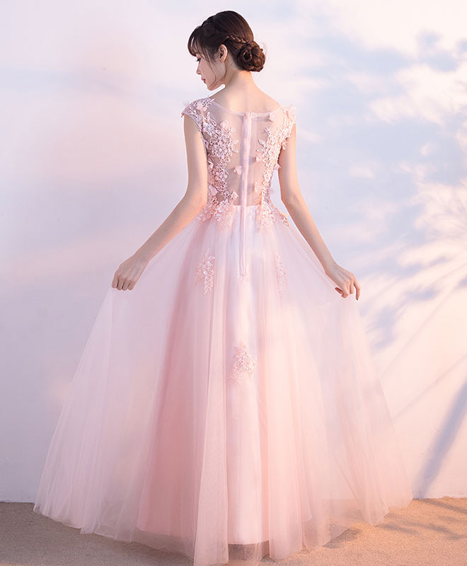 Elegant Pink Round Neck Tulle Lace Long Prom Dress for Women - Formal Evening Gown for Homecoming, Ball, Wedding & Special Occasions