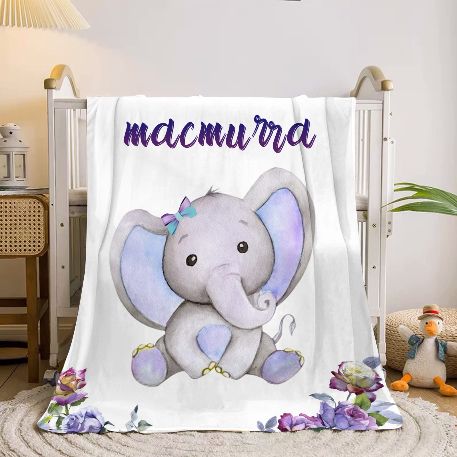 Personalized Baby Blanket with Name - Soft & Lightweight Fleece Flannel Blanket for Baby Girls & Boys - Elephant Design - Perfect for Nursery, Gift, and Travel
