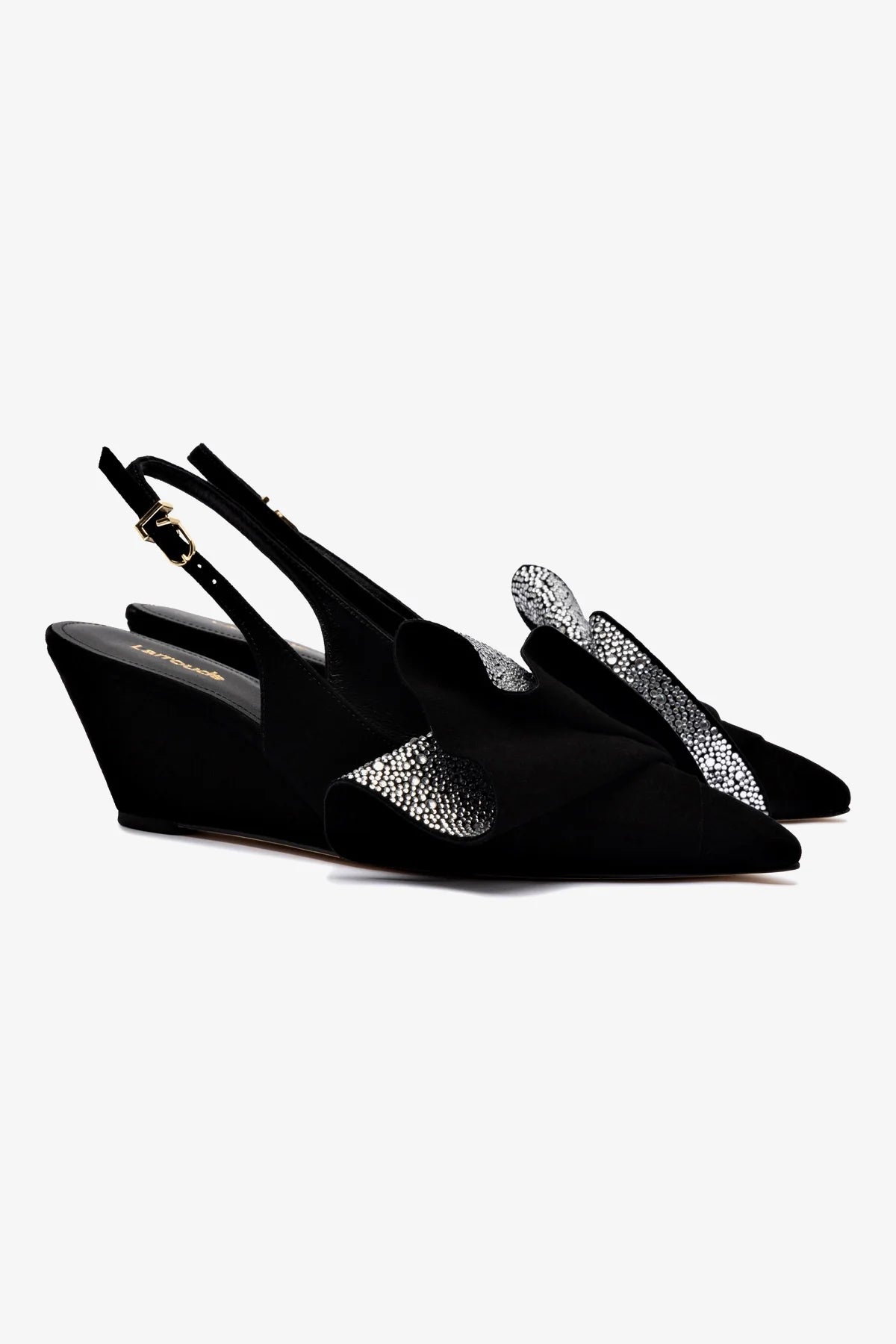 Black Suede Loulou Ruffle Pump with Crystals - Elegant Women's Heels for Parties, Weddings & Special Occasions