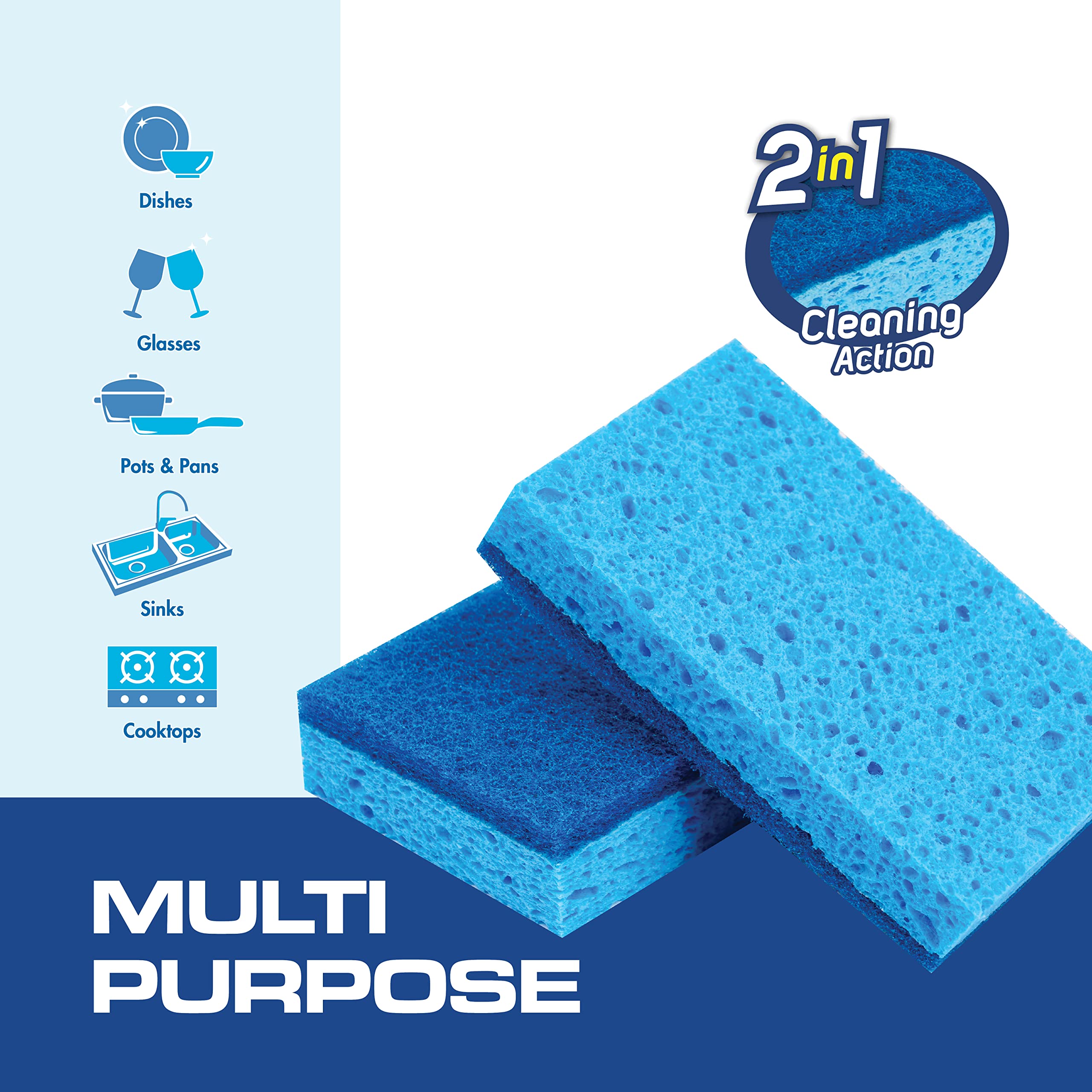SCRUBIT 48 Pack Heavy-Duty Kitchen Sponges for Dishwashing, Cleaning Kitchen & Bathroom - Blue Non-Scratch Sponges with Scrubber - Bulk Cleaning Supplies for Home, Office, and Outdoor Use