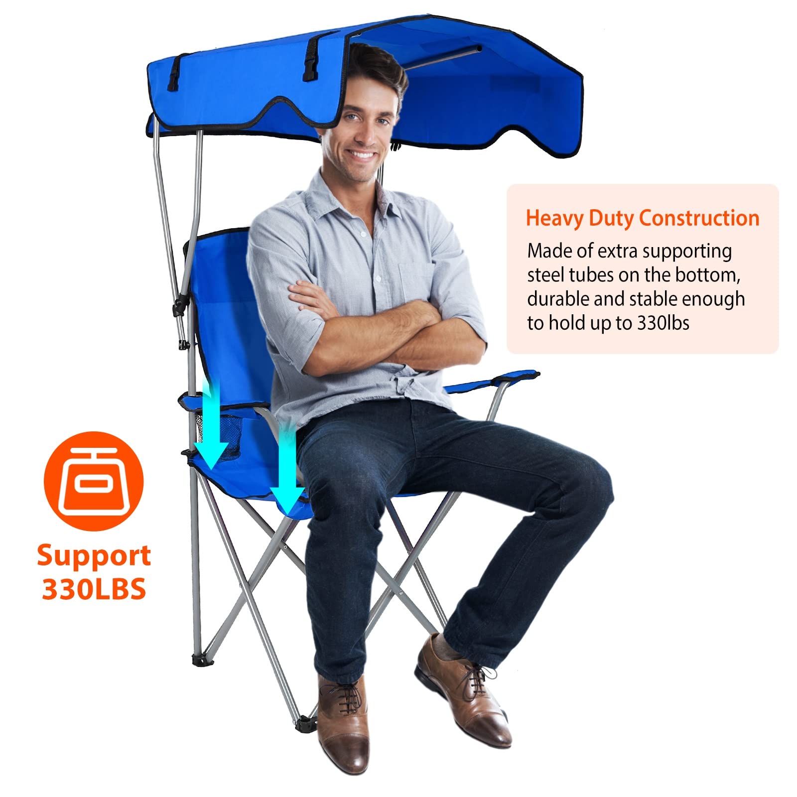 Foldable Beach Canopy Chair with Sun Shade - Heavy Duty Camping Chair for Outdoor Use, Portable Lawn Chair with Cup Holder - Perfect for Beach, Park, Patio, Backyard & Picnic (Blue)