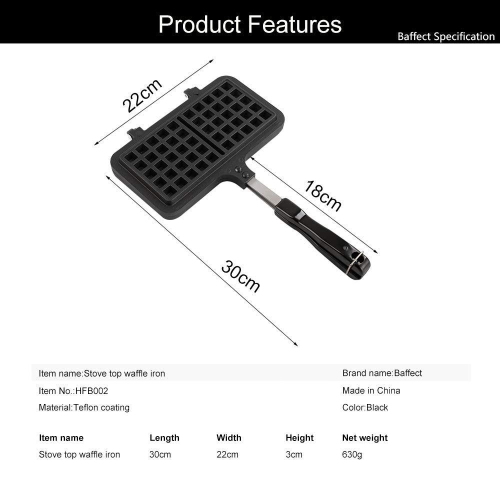 Baffect Non-Stick Cast Aluminum Stovetop Waffle Iron - 8.7 Inch Portable Waffle Maker for Camping, Home & Breakfast - Perfect for Family Baking, Outdoor Adventures & Quick Morning Meals