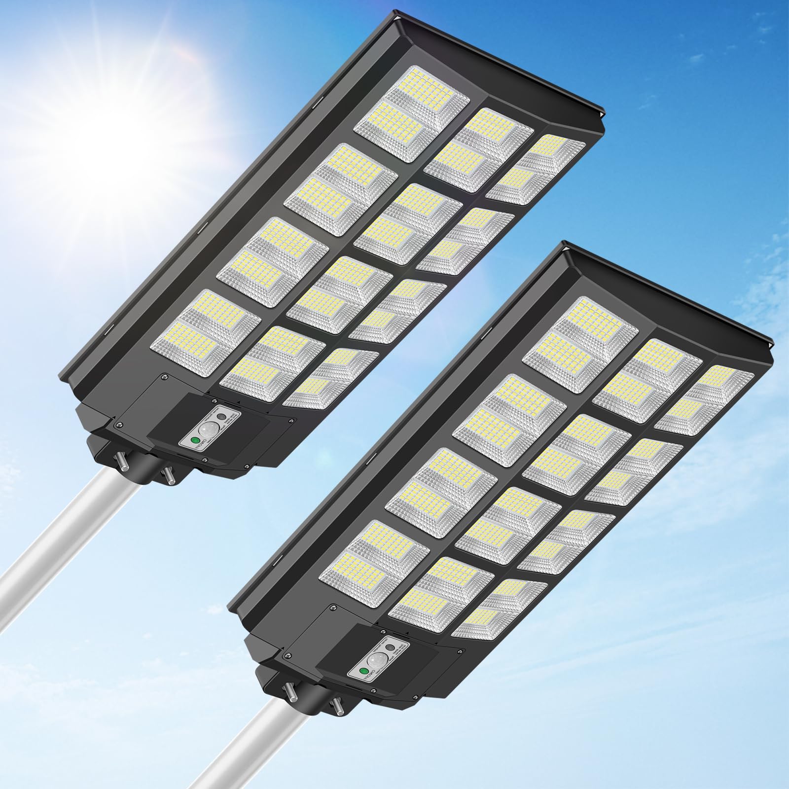 5000W Solar Lights Outdoor with Motion Sensor, Dusk to Dawn IP65 Waterproof Security Flood Lights - 500000LM Bright Solar Street Lights for Parking Lots, Gardens, Yards, Pathways & Driveways (2 Pack) - Ideal for Home Security, Landscape Lighting and Energy-Efficient Outdoor Illumination