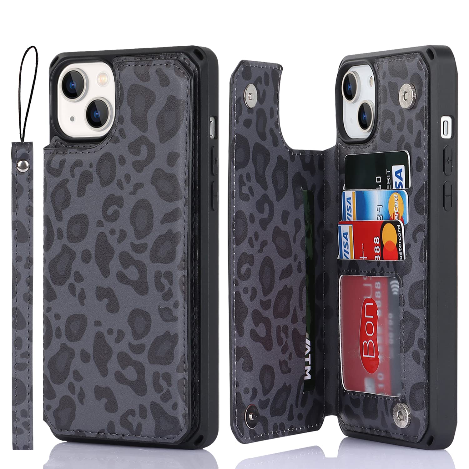 Premium Shockproof iPhone 14 Wallet Case with Card Holder & Stand - Leopard Grain Protective Cover for Women & Men (Black) | Perfect for Everyday Use, Travel & Hands-Free Viewing