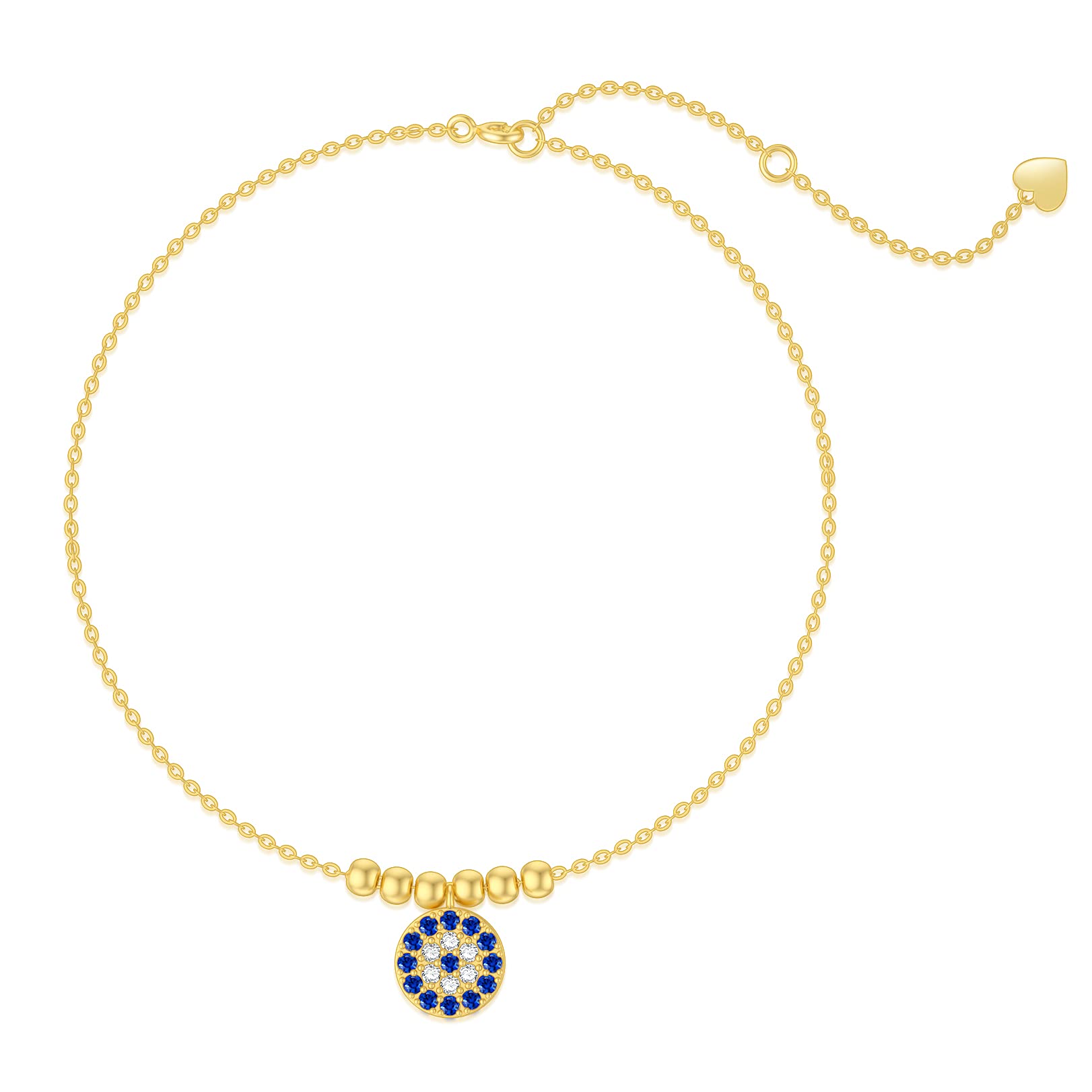 14K Solid Gold Evil Eye Anklet for Women - Dainty Yellow Gold Lucky Charm Ankle Bracelet with Beads, Adjustable 8