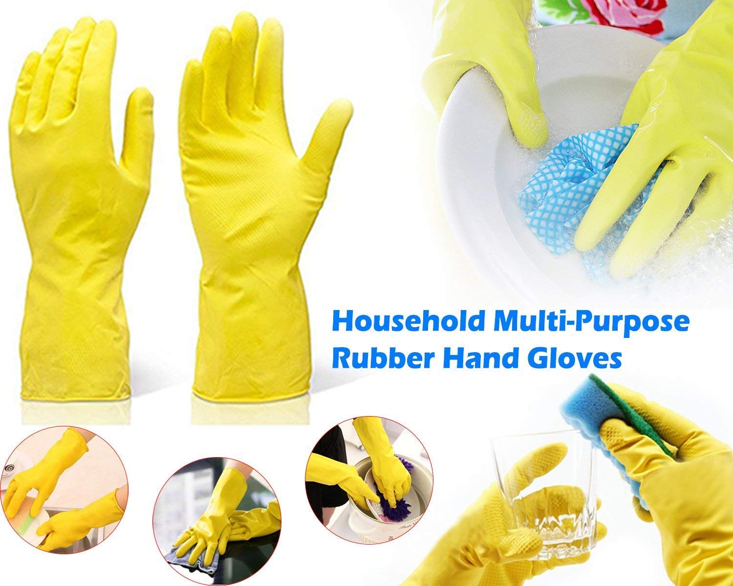 Macklon® Rubber Stretchable Cleaning Gloves - 3 Pairs Multi-Color for Dishwashing, Kitchen Cleaning & Household Chores - Durable Latex Gloves for Washing Dishes, Car Detailing & Gardening