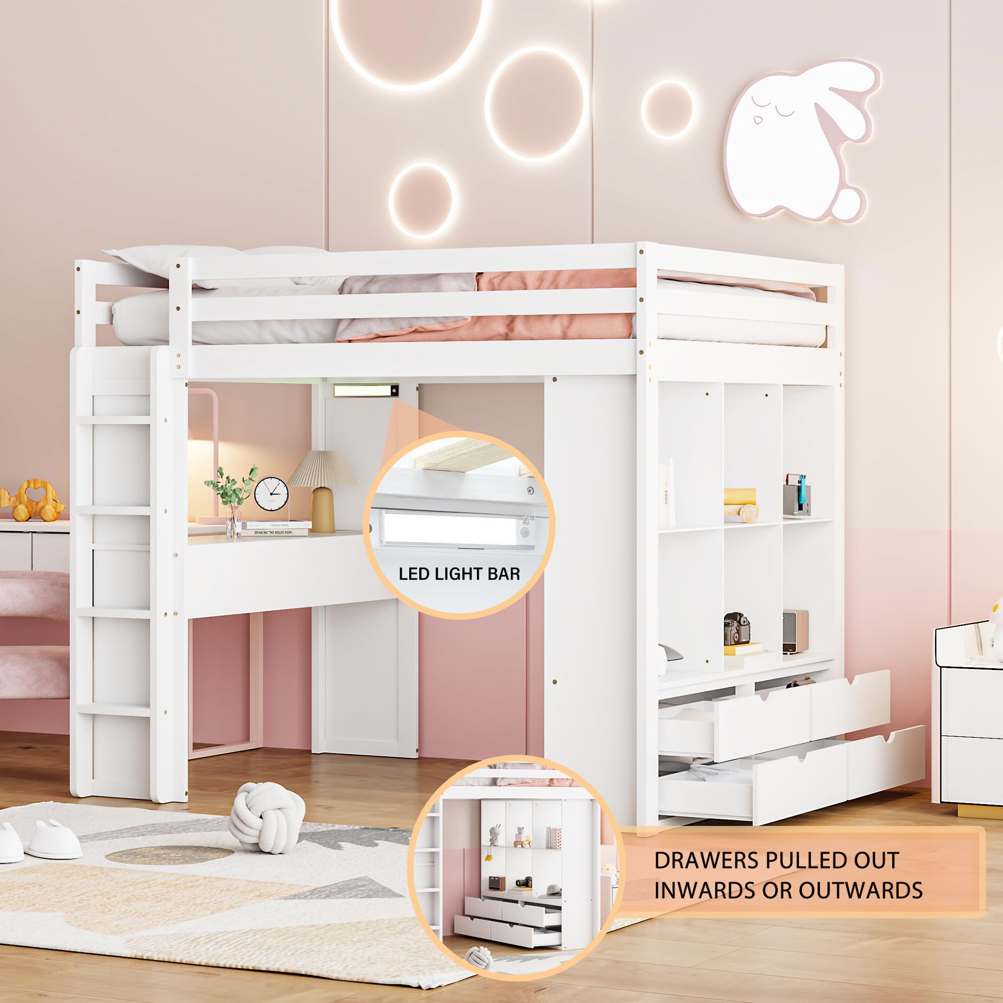 Harper & Bright Designs Full Size Loft Bed with Desk & Storage Shelves - White Wooden High Loft Bed Frame with LED Lights for Kids, Teens, Boys & Girls - Perfect for Small Bedrooms, Dorm Rooms & Space-Saving Kids' Rooms