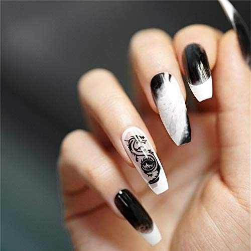 24-Piece Punk Black & White Dragon Pattern Acrylic False Nails Set - Long Coffin Shaped Press-On Nails with Glue for Ballet & Gothic Nail Art | Perfect for Halloween, Cosplay & Night Parties