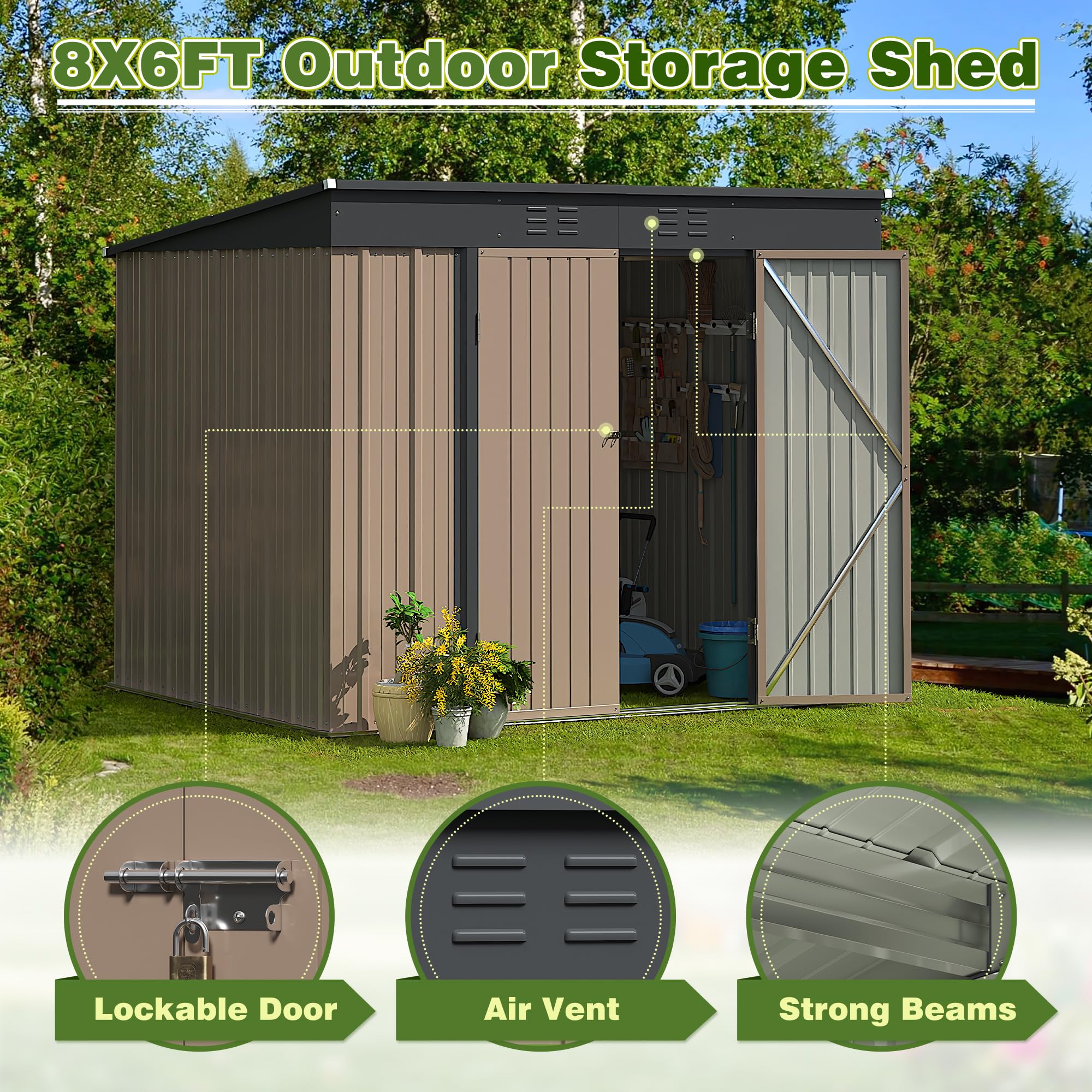 Greesum 6x8 ft Outdoor Storage Shed - Metal Utility Tool Shed with Lockable Door for Garden & Patio Storage (Brown) | Perfect for Backyard Organization, Lawn Equipment & Seasonal Item Storage