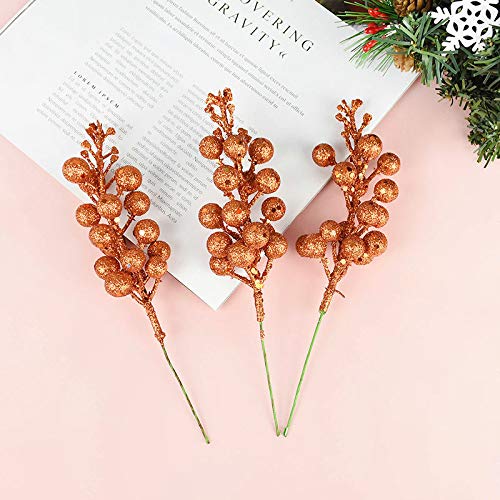 20 Pcs 7.8 Inch Glitter Rose Gold Berry Stems - Artificial Christmas Tree Picks Decorations | DIY Xmas Wreath & Holiday Home Decor for Christmas Tree, Mantel, Centerpieces & Gift Wrapping (Rose Gold)