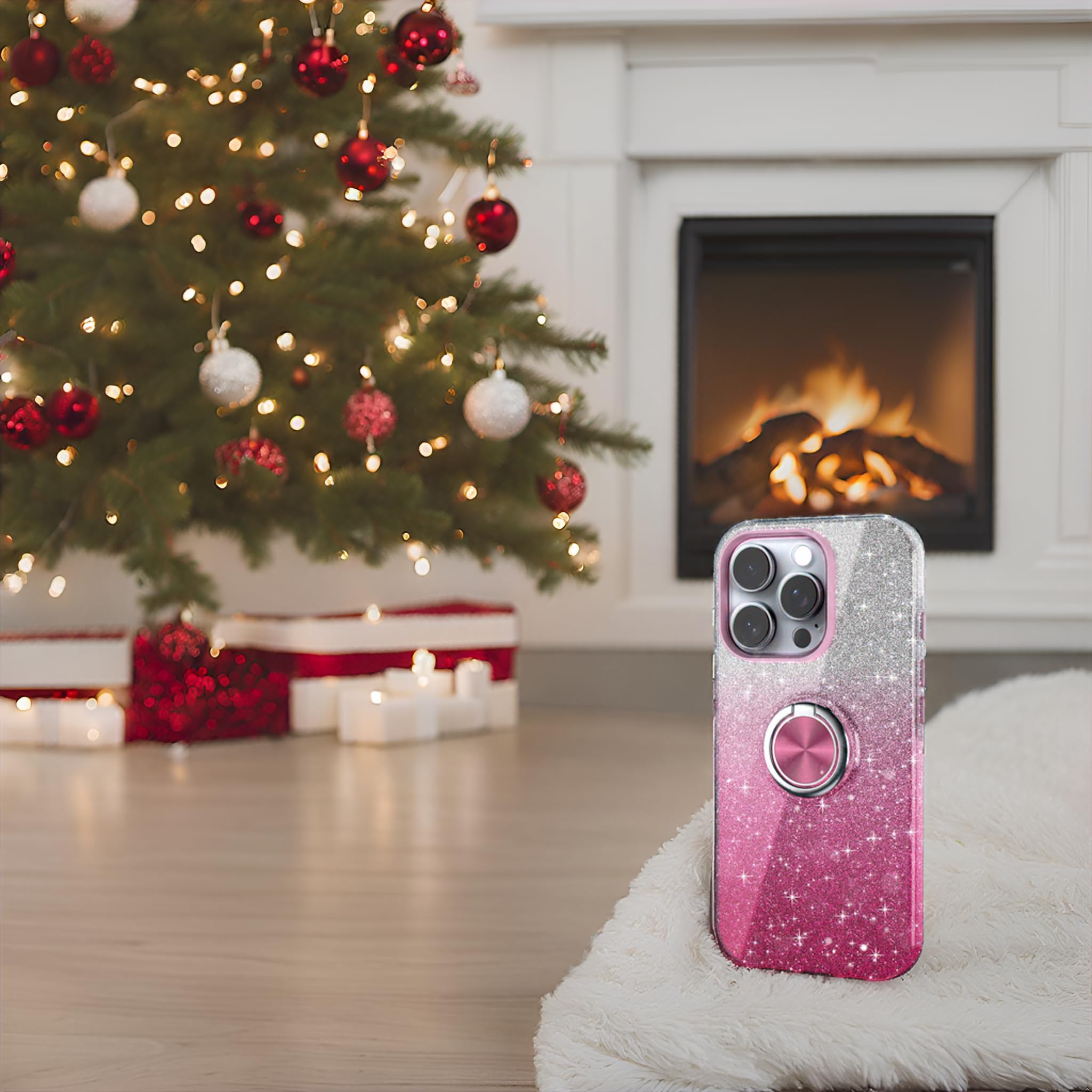Sparkly Glitter iPhone 12 Pro Max Case with 360° Ring Holder & Magnetic Car Mount | Slim Shock-Absorbent Protective Cover for Women (6.7