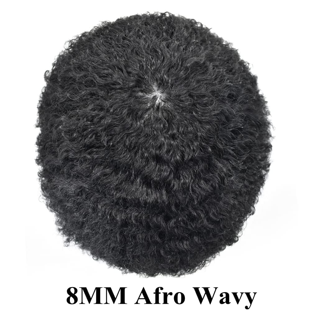 100% Human Hair Afro Toupee for Black Men - Kinky Curly Man Weave Hair Units | African American Hair System | 8''x10'' AFRO-PU-F (Jet Black, 8mm Wave) - Perfect for Daily Wear, Cosplay & Special Events