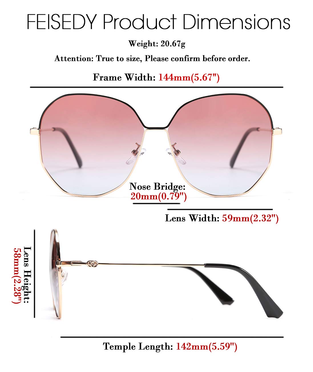 FEISEDY Hexagon Sunglasses for Women - Gradient Lens, Metal Frame, UV Protection - Perfect for Beach, Driving & Outdoor Activities