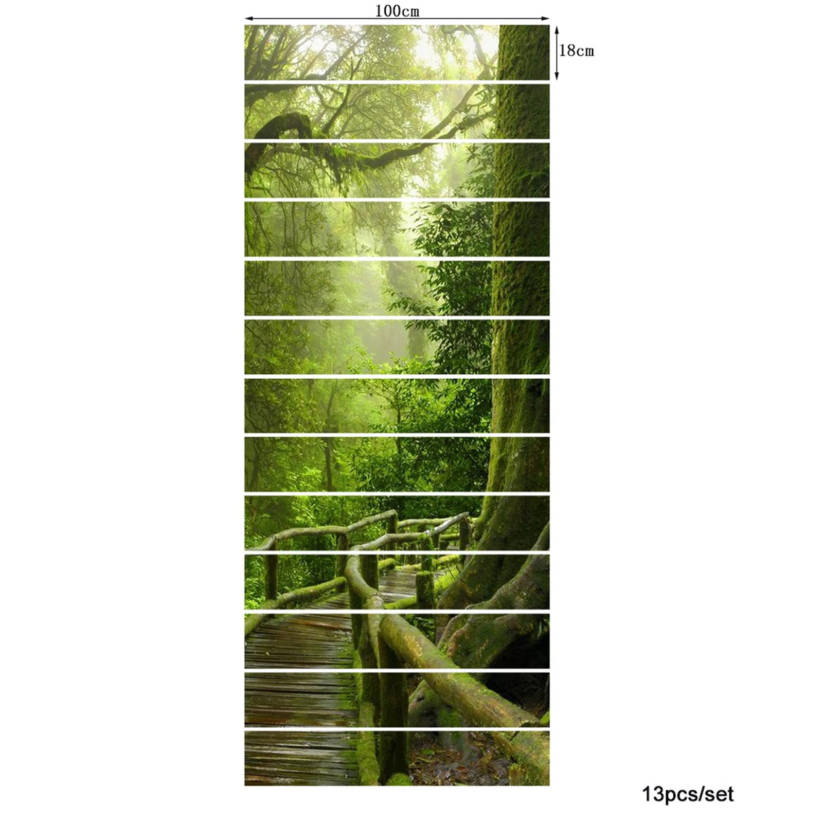 3D Self-Adhesive Removable Stair Stickers - Tropical Jungle Rainforest Theme with Trees & Wooden Bridge - Waterproof Vinyl Decals for Stair Risers, Kitchen Tiles, Walls (13-Piece Set) - Perfect for Home Decor, Nursery, Playroom & Office Spaces