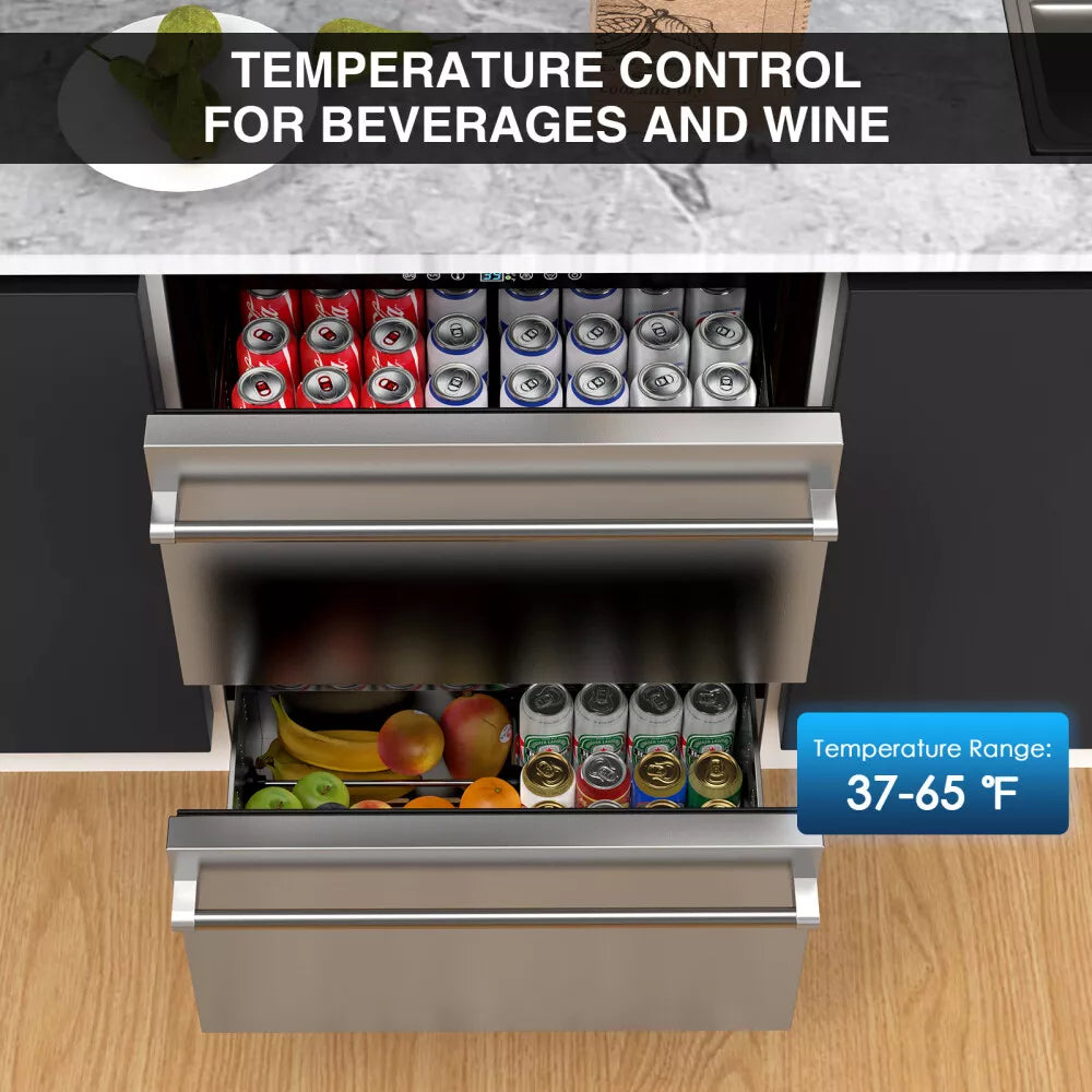 Premium 5.3 Cu.Ft. Stainless Steel Built-In Undercounter Wine Beverage Refrigerator with Double Drawers - SAK92576 - Perfect for Home Bars, Restaurants, and Entertaining Spaces