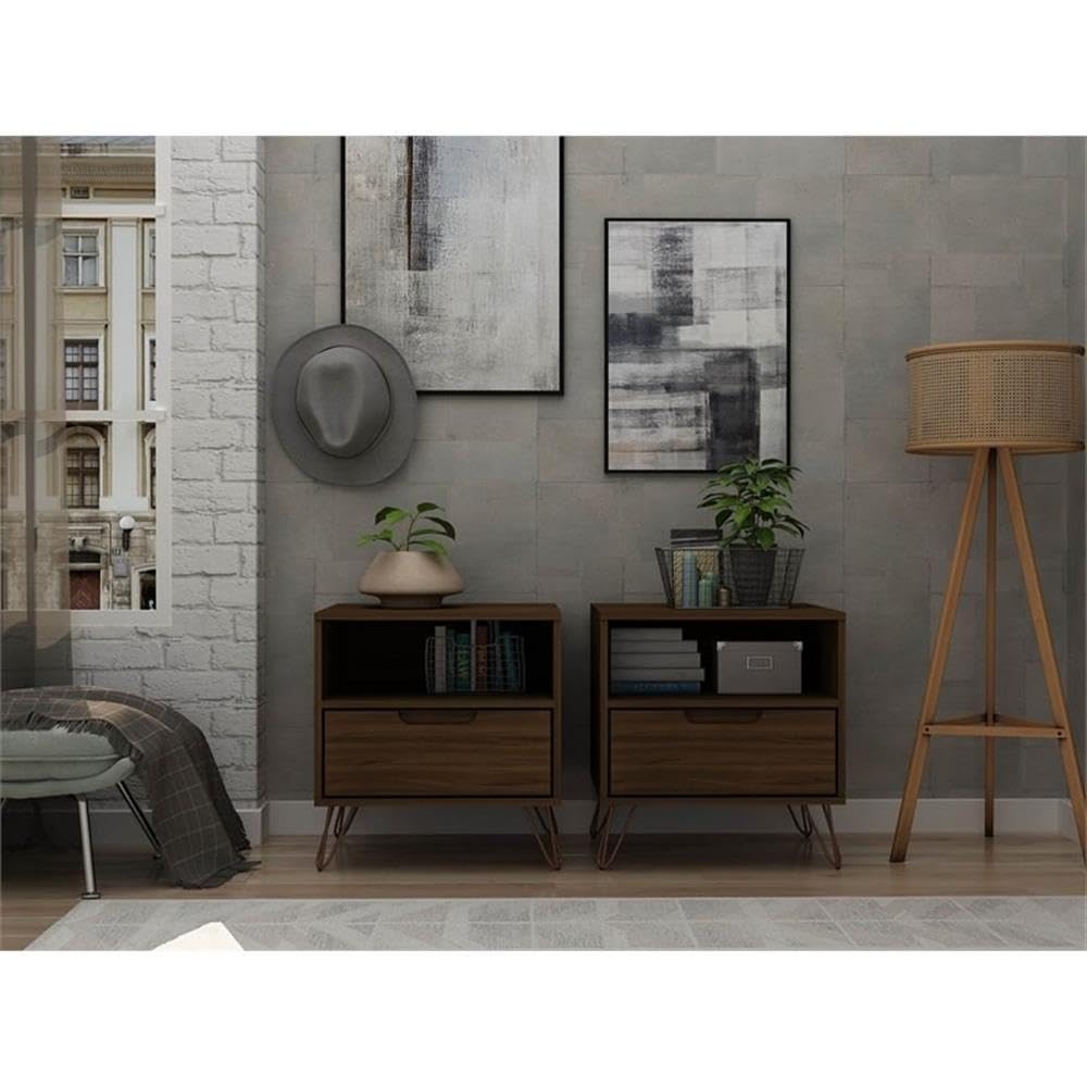 Mid Century Modern Nightstands Set of 2 - Manhattan Comfort Rockefeller Bedside Tables with Drawer & Cubby Storage, Brown Wood Bedroom Furniture for Master Bedroom, Guest Room or Living Room - Perfect for Storing Books, Lamps & Bedside Essentials