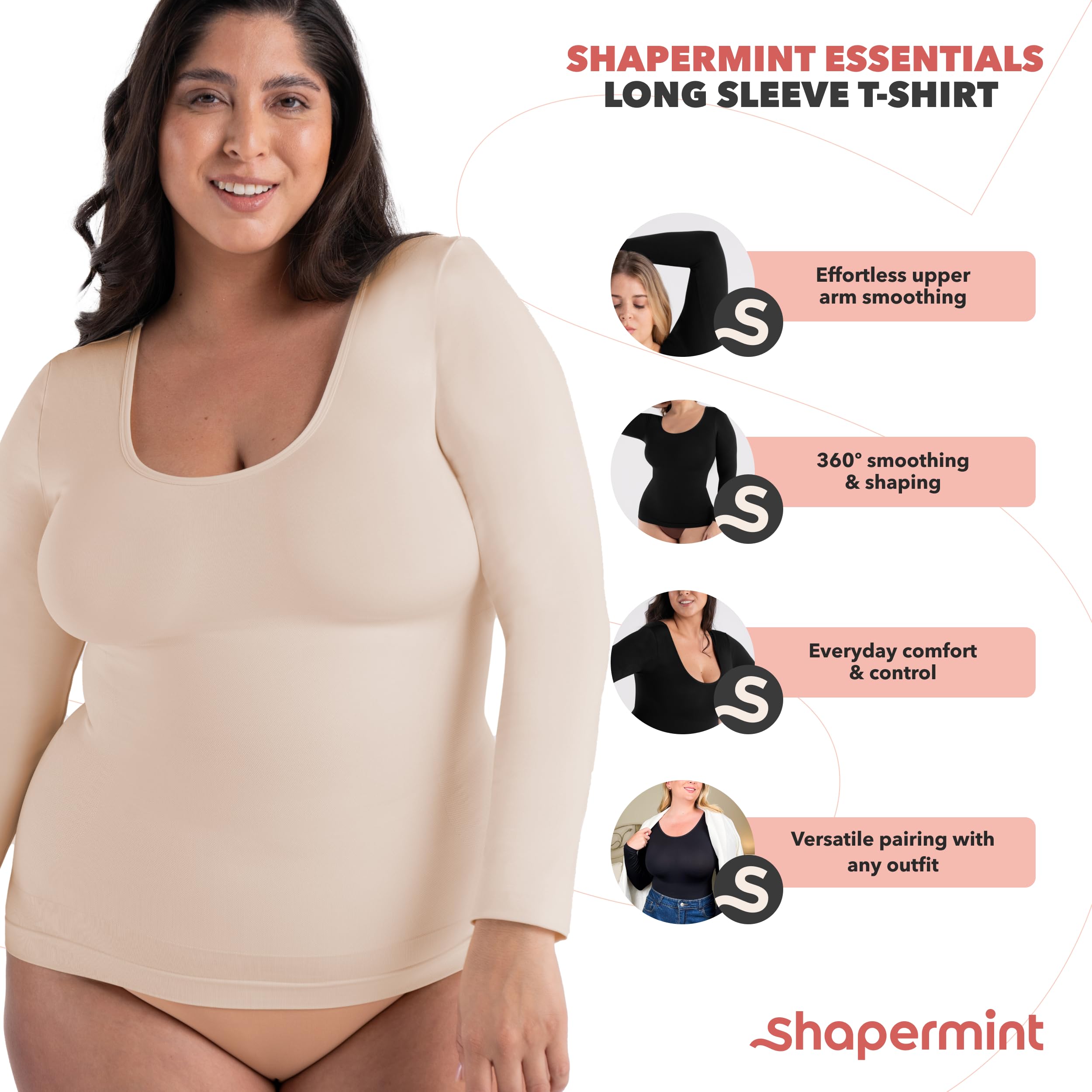 Shapermint Women's Long Sleeve Cami Shaper - Slimming Compression Shirt for Women | Perfect for Layering, Workout & Everyday Wear