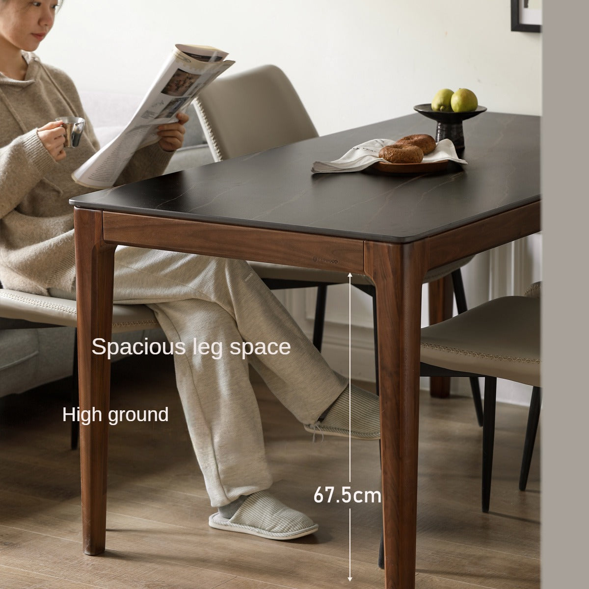 Premium Black Walnut Wood Dining Table with Natural Slate Stone Top - Elegant Farmhouse Style for Dining Room, Kitchen, or Rustic Home Decor