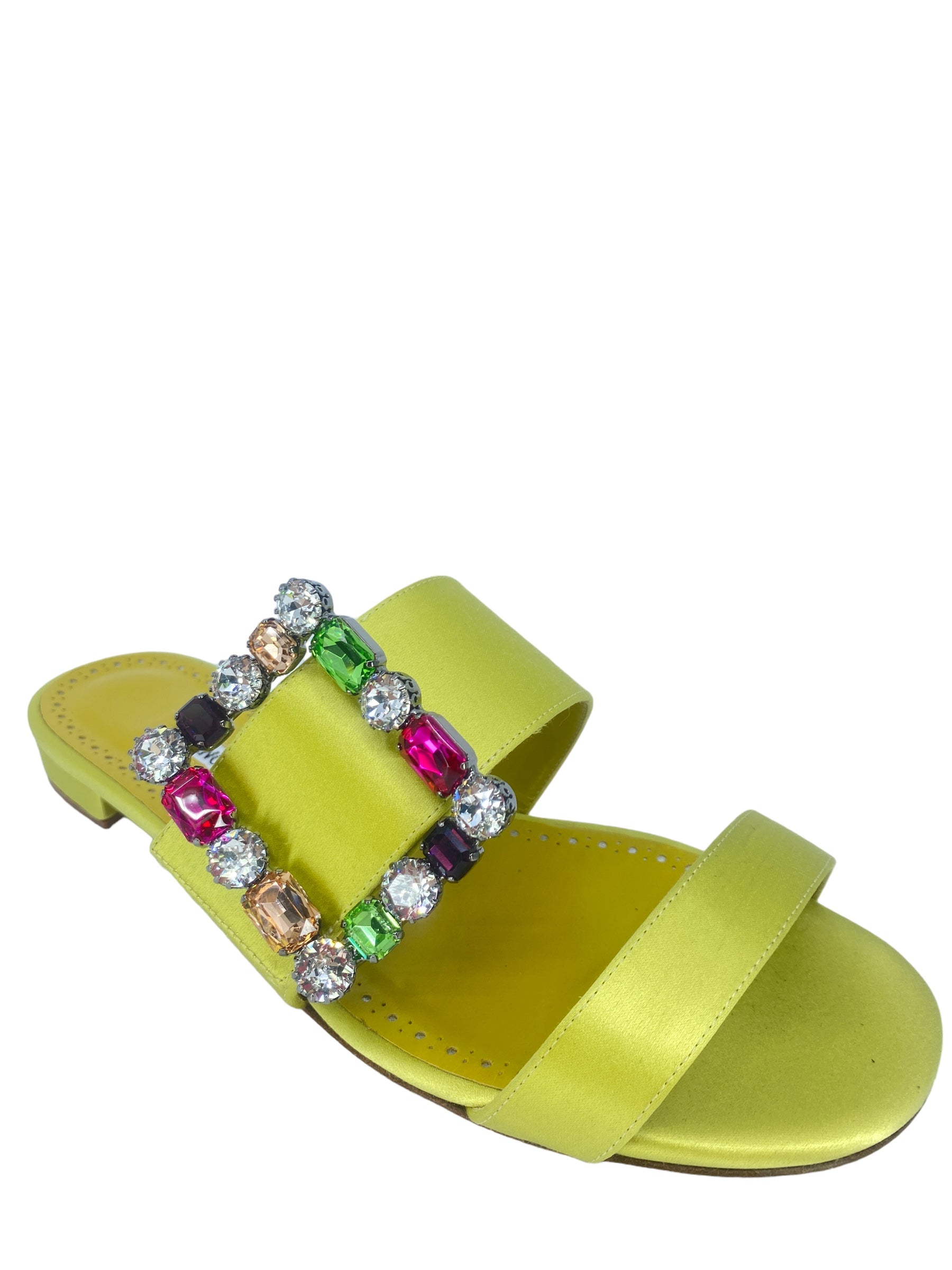 Manolo Blahnik Verda Crystal Buckle Flat Sandals - Women's Size 38.5 (US 8.5) Green Leather Summer Shoes | Elegant Comfort for Weddings, Parties & Beach Vacations