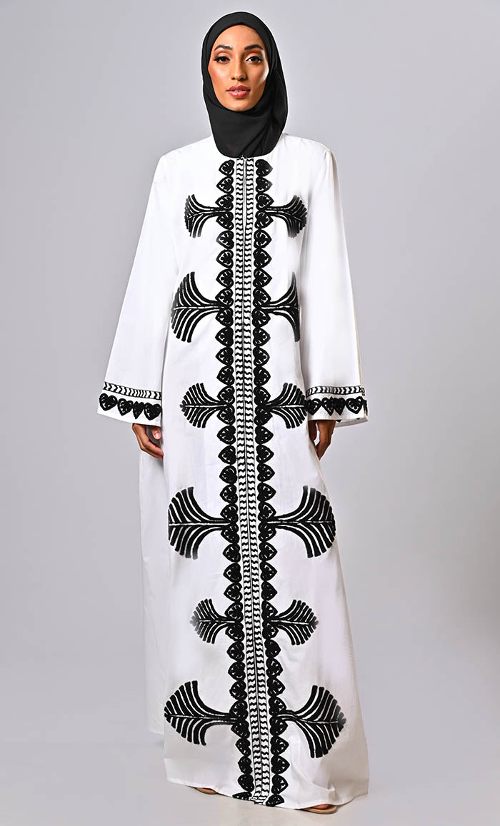 Elegant Black Islamic Mughal Aari Embroidered Abaya with Pockets - Perfect for Prayer, Special Occasions & Modest Fashion