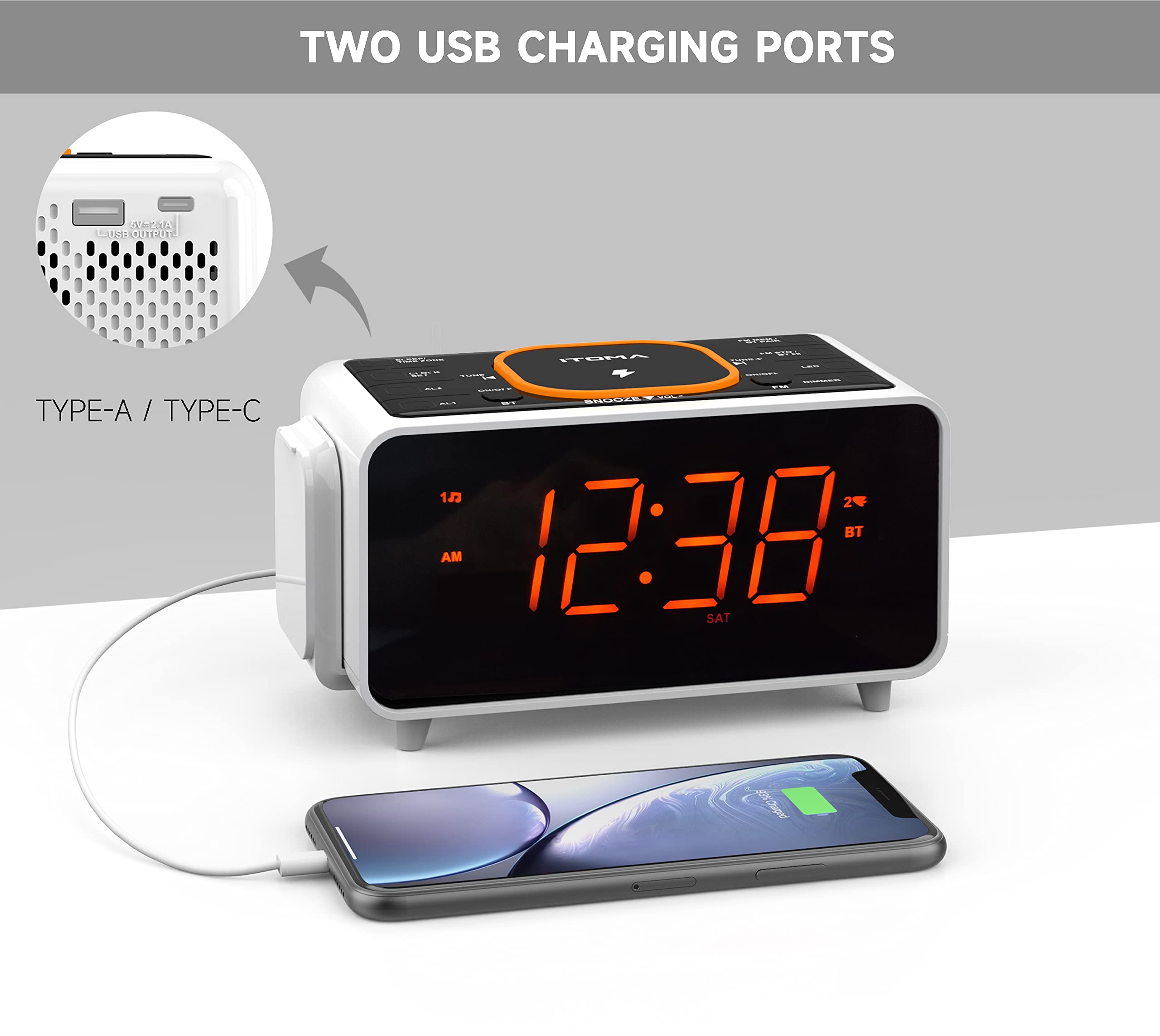Wireless Dual Charging Alarm Clock with Bluetooth Speaker, FM Radio, 2 USB Ports, Dual Alarm, Night Light, Dimmer Control & 1.4