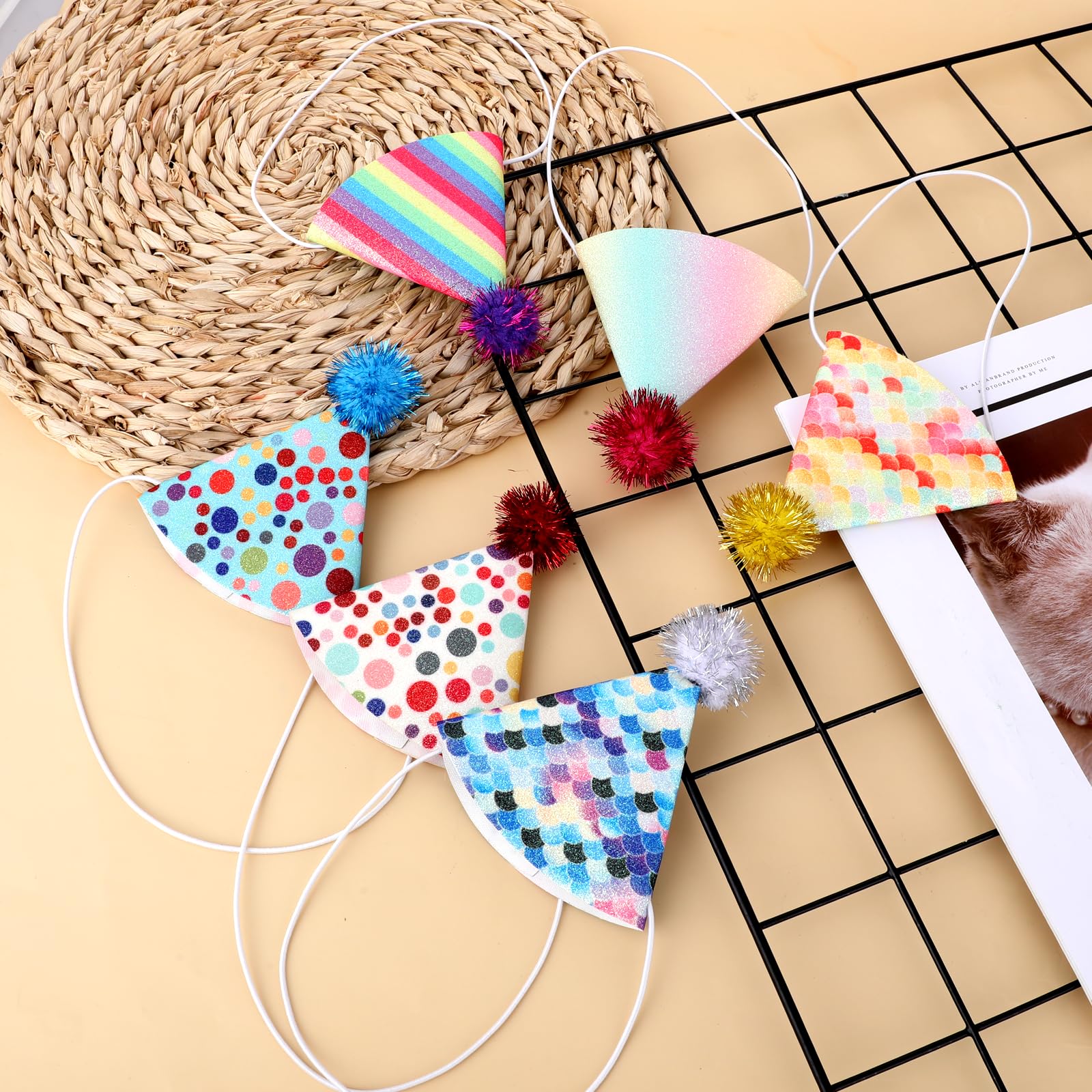6 Pack Rainbow Pet Birthday Hats - Adjustable Puppy & Kitten Party Hats with Pompoms for Dogs, Cats & Stuffed Animals | Perfect for Pet Birthday Parties, Photo Shoots & Costume Events