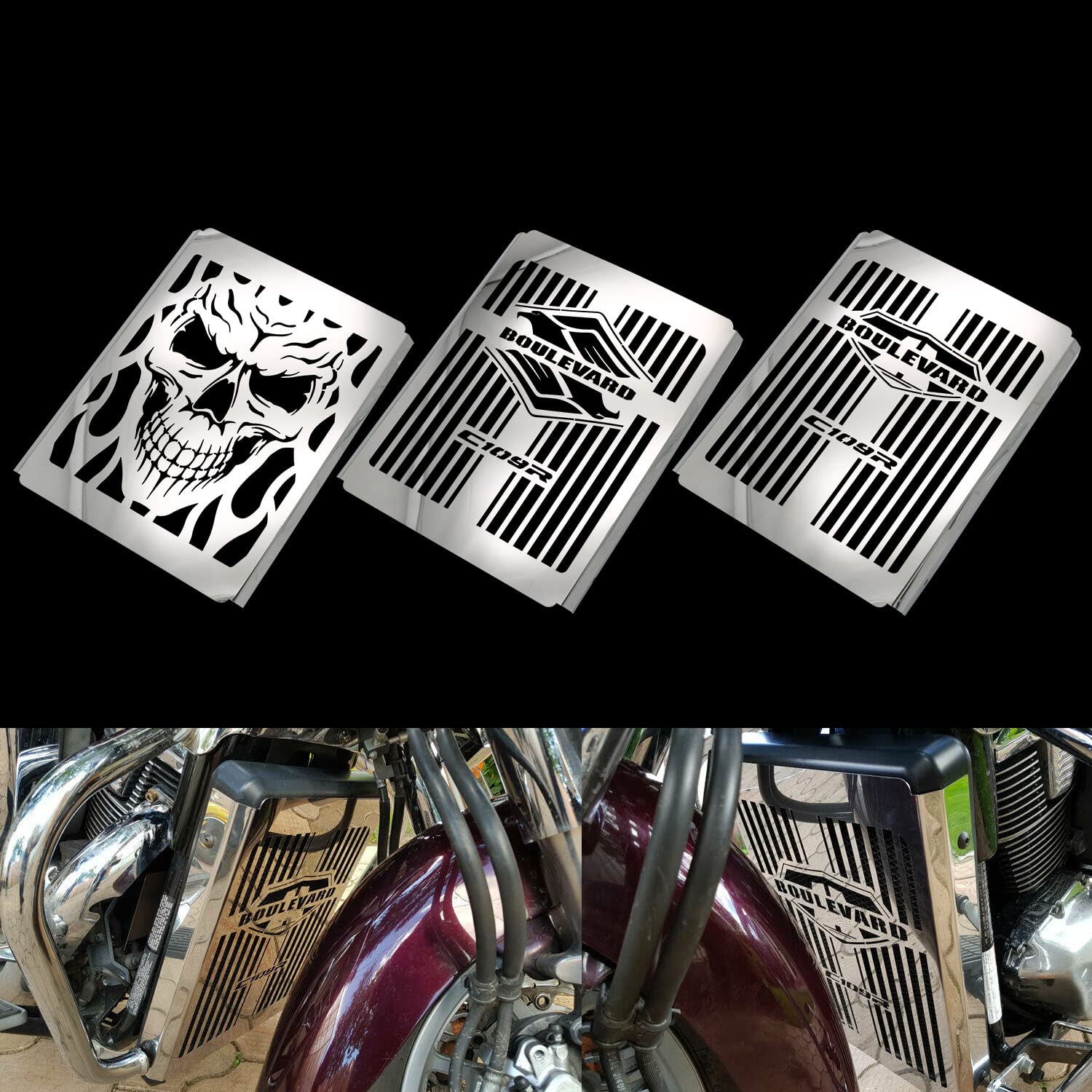 Skull Motorcycle Radiator Grill Cover - Chrome Steel Skull Design for Suzuki Boulevard C109R & Intruder VLR1800 - Heavy Duty Protection (Silver) | Perfect for Custom Bike Upgrades & Harley Style Modifications