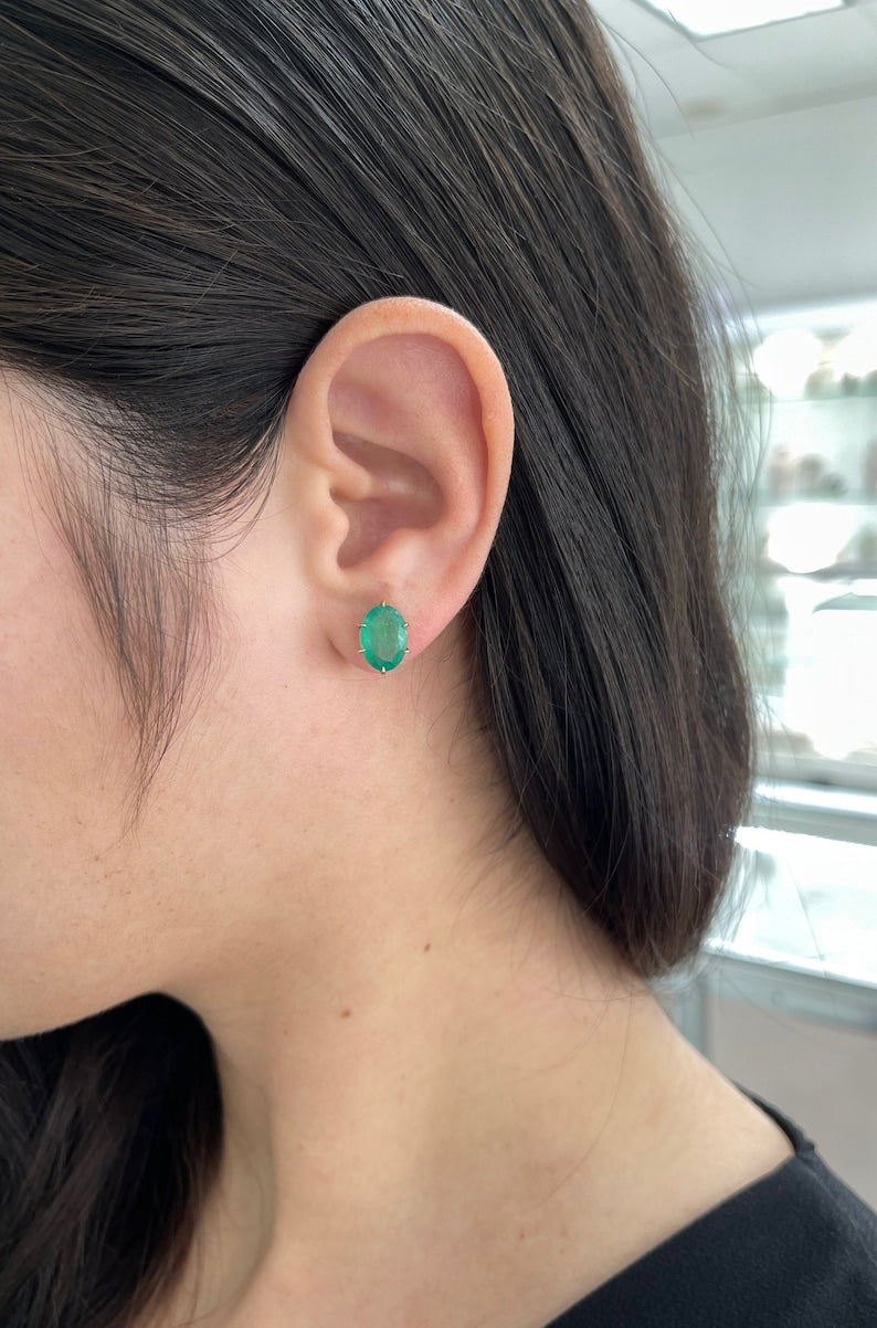4.78tcw 18K Gold 6 Prong Green Oval Emerald Solitaire Stud Earrings for Women - Elegant Fine Jewelry Gift for Birthday, Anniversary & Special Occasions
