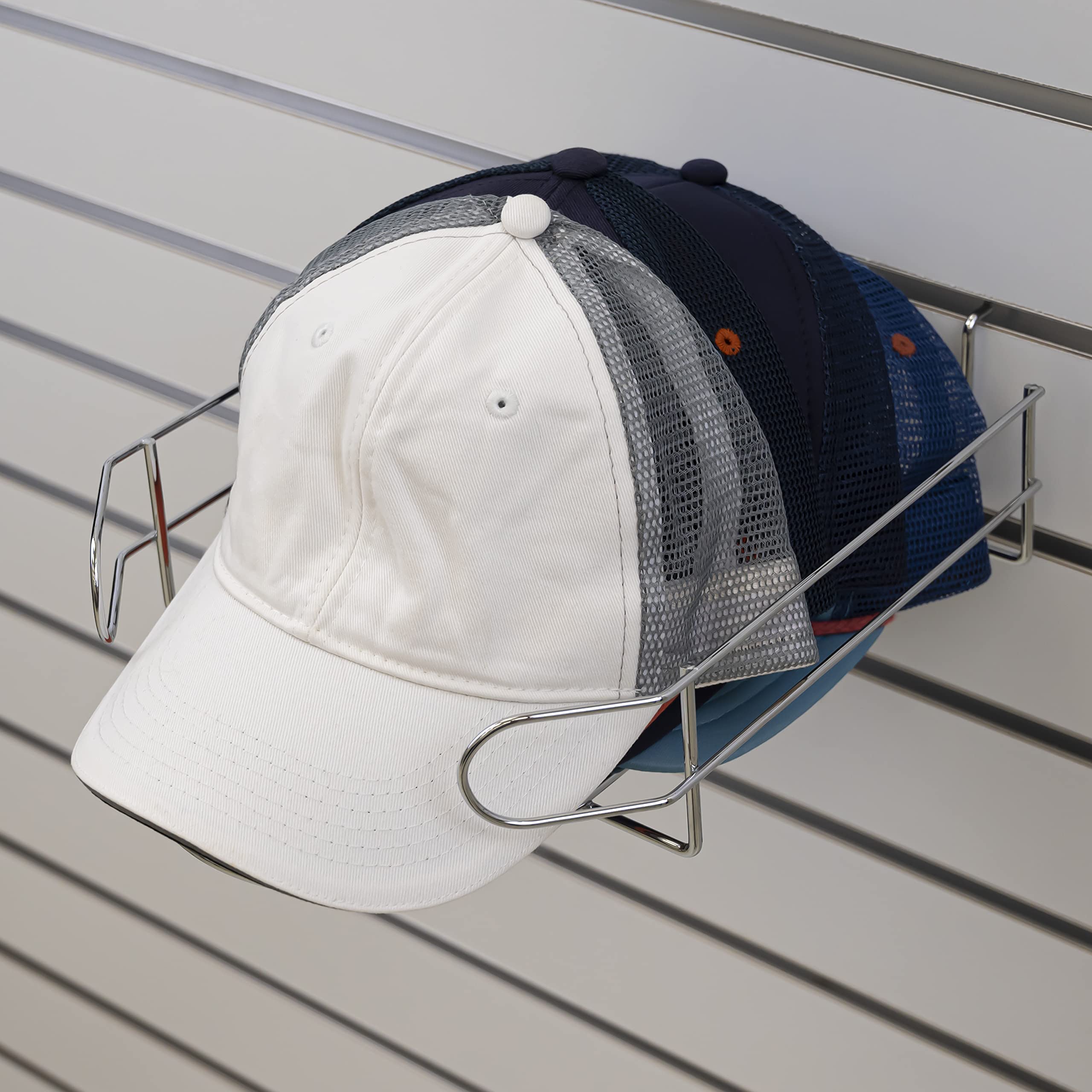 Chrome Slatwall Cap Display Rack - Organize Fitted Hats, Snapbacks & Baseball Caps - Wall Mounted Hat Holder for Retail Stores & Boutiques