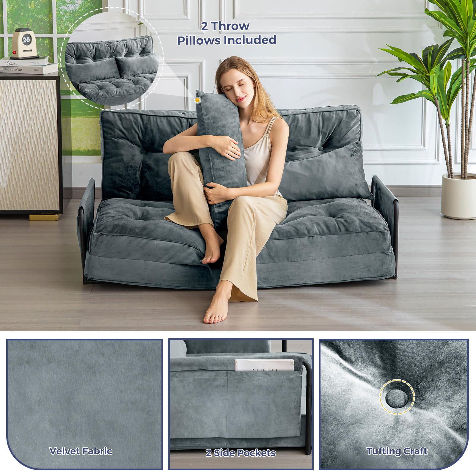 MAXYOYO Adjustable Floor Sofa Couch - Velvet Convertible Lazy Sofa Sleeper Bed with Pillows & Armrest, Double Size in Dark Grey | Perfect for Small Spaces, Living Rooms & Guest Beds