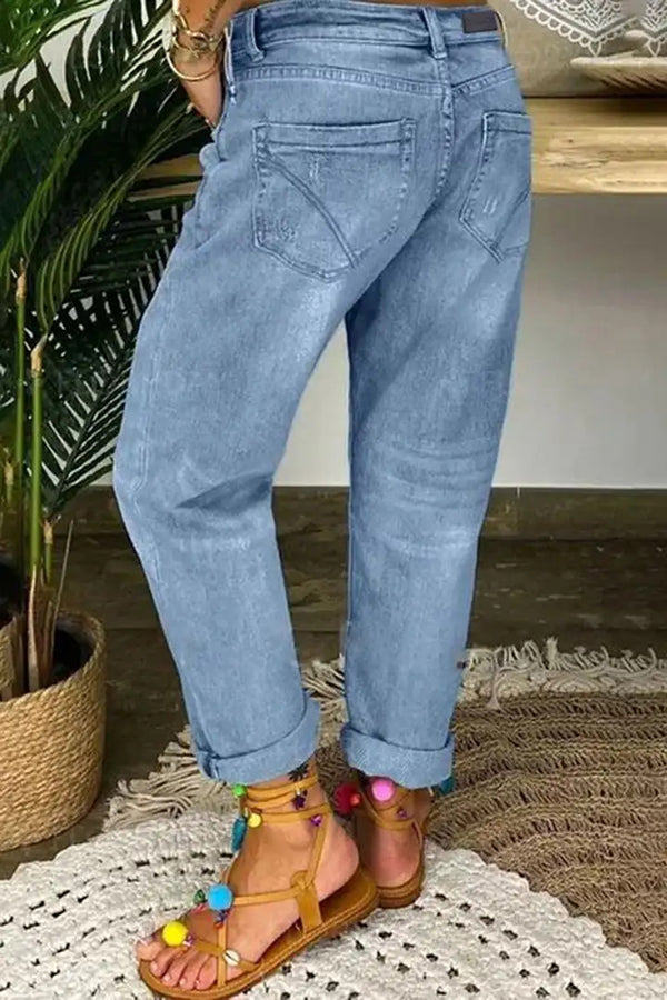 Trendy Ripped Low-Rise Button Pocket Baggy Straight Leg Jeans for Women - Casual Streetwear, Vintage Denim Pants for Everyday Wear & Outfit Styling