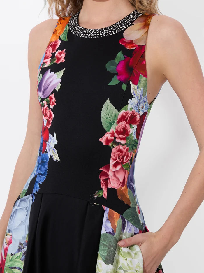 Adley Drop Waist Midi Dress - Floral Print Black Summer Dress for Women | Garden Party, Brunch Date, Wedding Guest Outfit