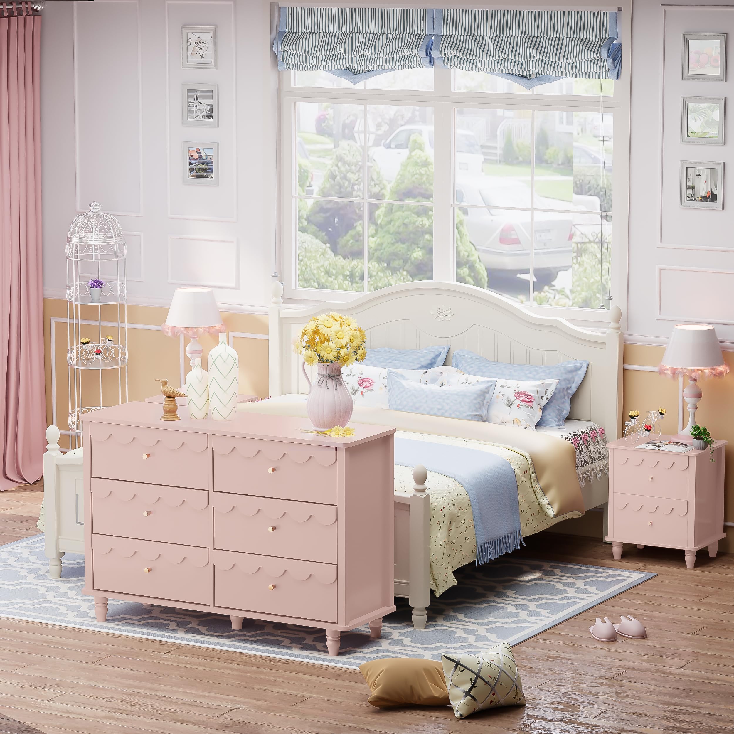 Anbuy 6-Drawer Dresser & 2-Nightstand Set - 3-Piece Bedroom Furniture Combo in Pink | Space-Saving Storage Solution for Small Bedrooms, Guest Rooms & Dorm Rooms