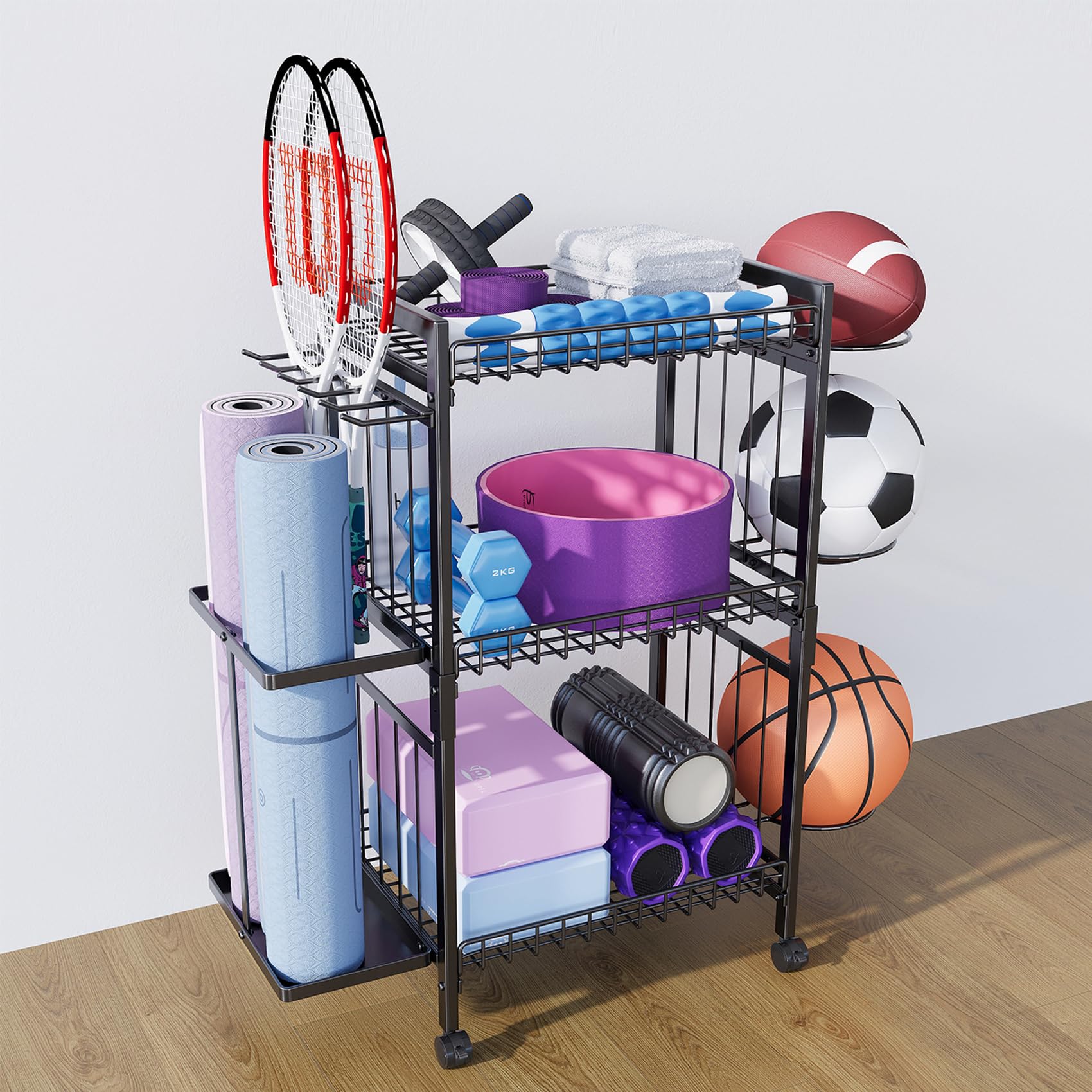 Premium Yoga Mat Storage Rack with Wheels & Hooks - Heavy Duty Home Gym Organizer for Yoga Mats & Fitness Equipment - Space Saving Workout Gear Storage Cart for Home Exercise, Yoga Studio & Gym Organization