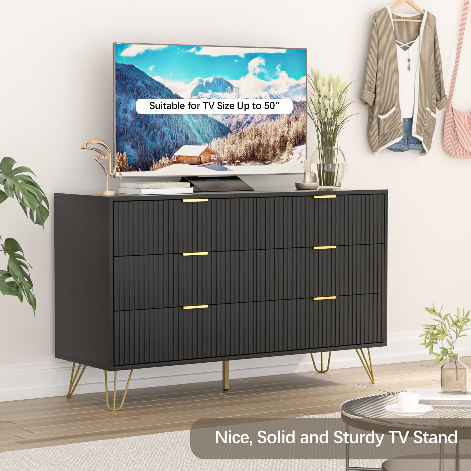 Modern Black Dresser for Bedroom - 6 Drawer Chest with Wide Storage & Gold Handles | Perfect for Organizing Clothes, Accessories & Bedroom Essentials
